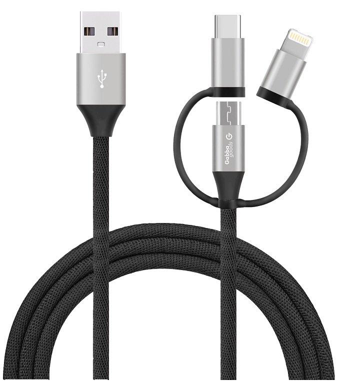 GabbaGoods 3-in-1 Lighting to Micro-USB and USB-C Cable 6ft, Black (GameStop)