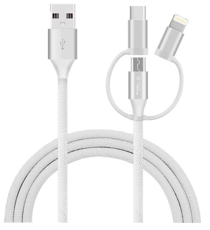 GabbaGoods 3-in-1 Lighting to Micro-USB and USB-C Cable 6ft, White (GameStop)