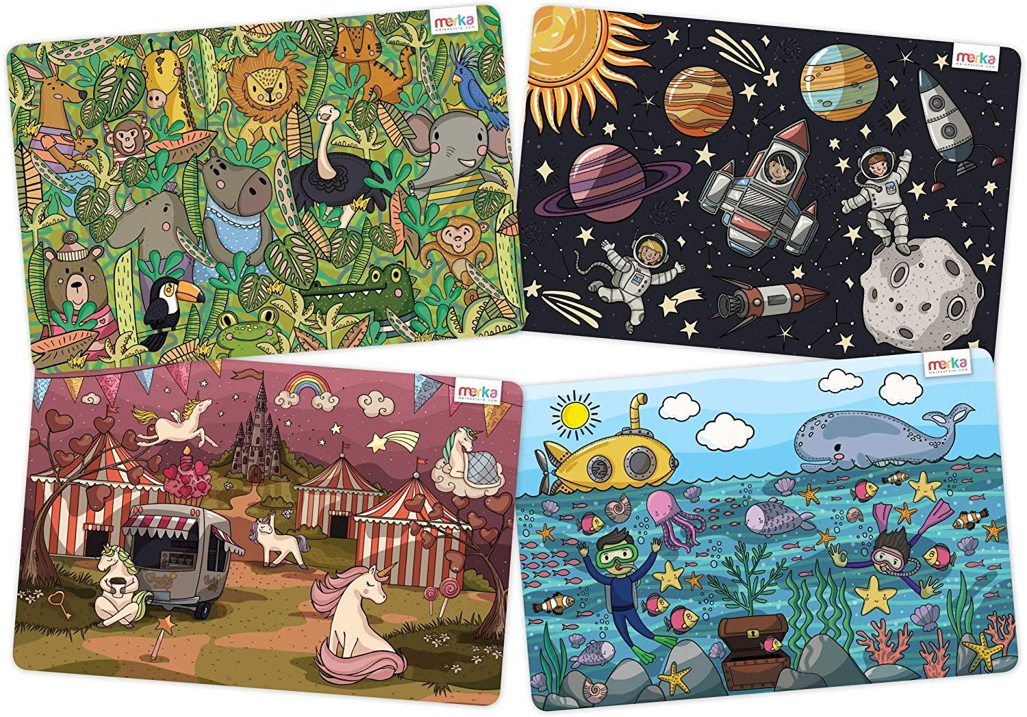 merka Designer Set Ocean, Space, Jungle, and Unicorns - 4 Pack Educational Non-Slip Placemats (GameStop)