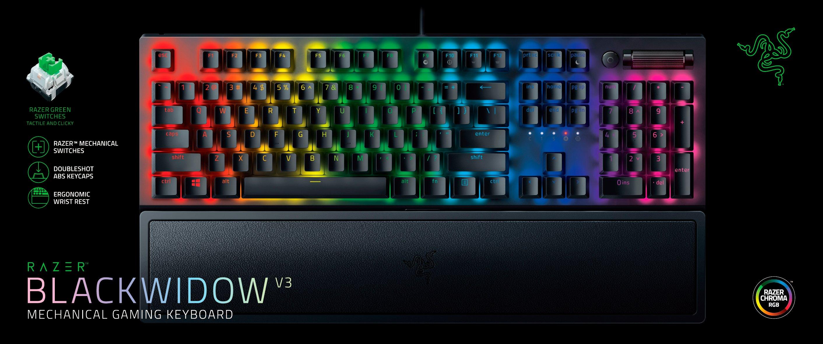 Razer BlackWidow V3 Full Size Mechanical Gaming Keyboard for PC, Chroma  RGB, Wrist Rest, Black 