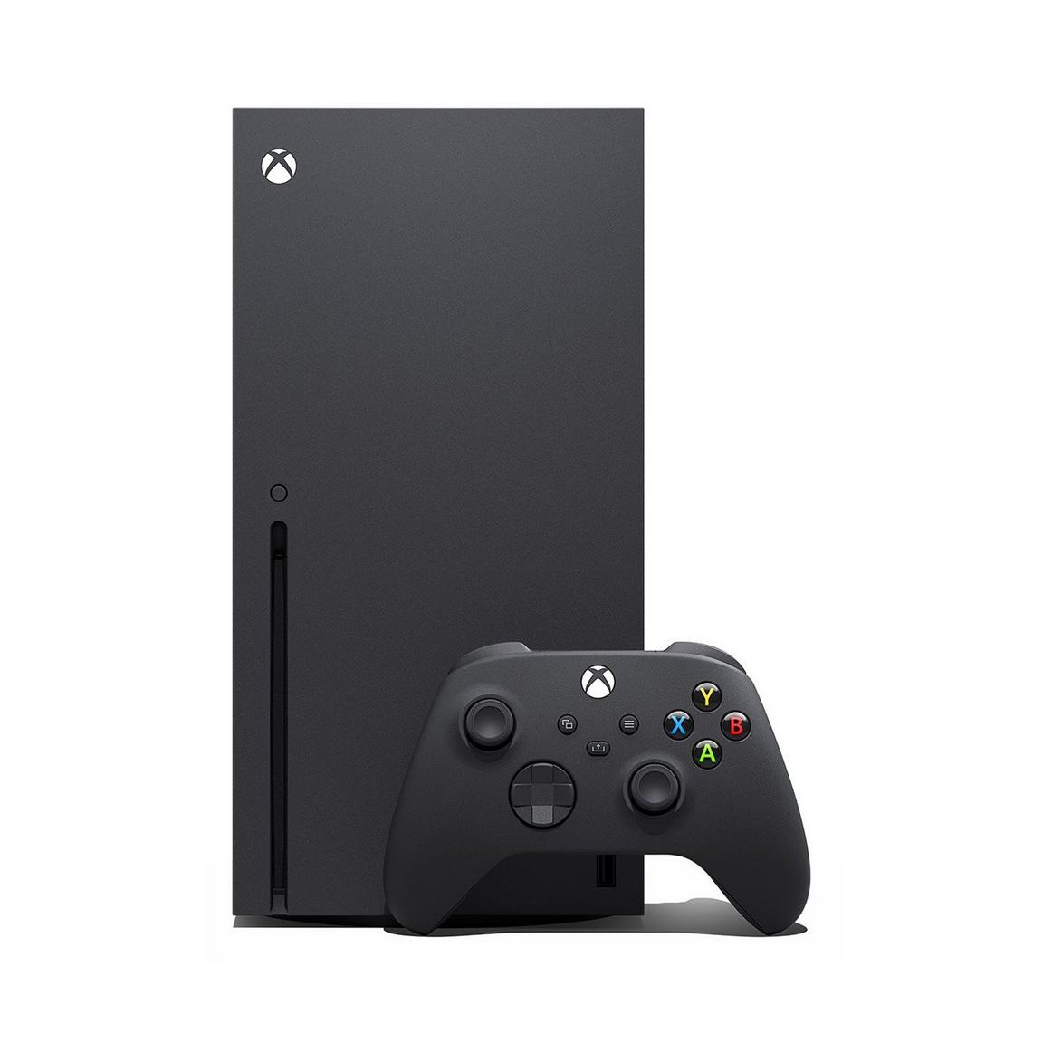 A black Microsoft Xbox Series X Console with a black controller on a white background