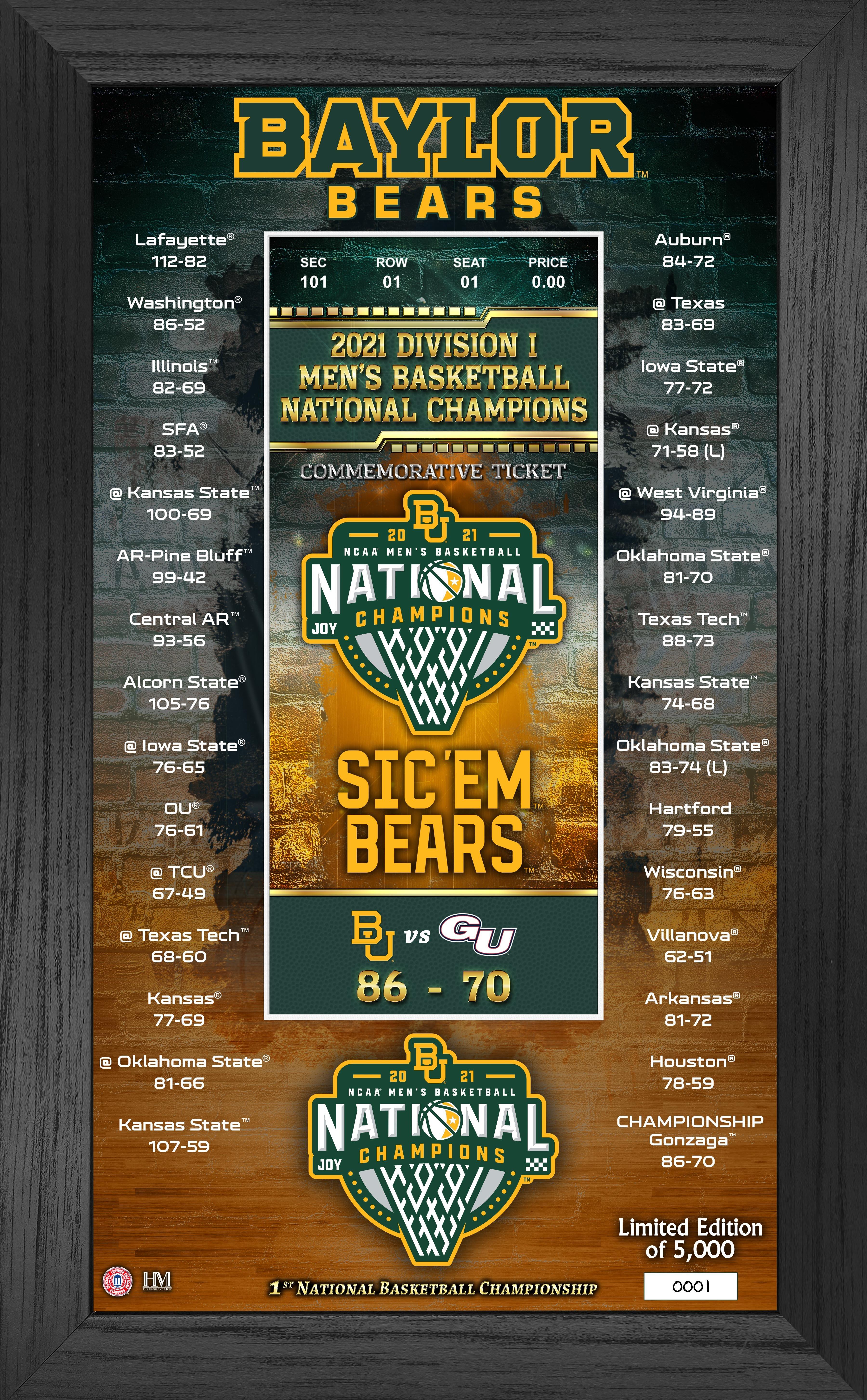 Highland Mint NCAA Baylor Bears 2021 Division I Mens Basketball National Champions Commemorative Ticket