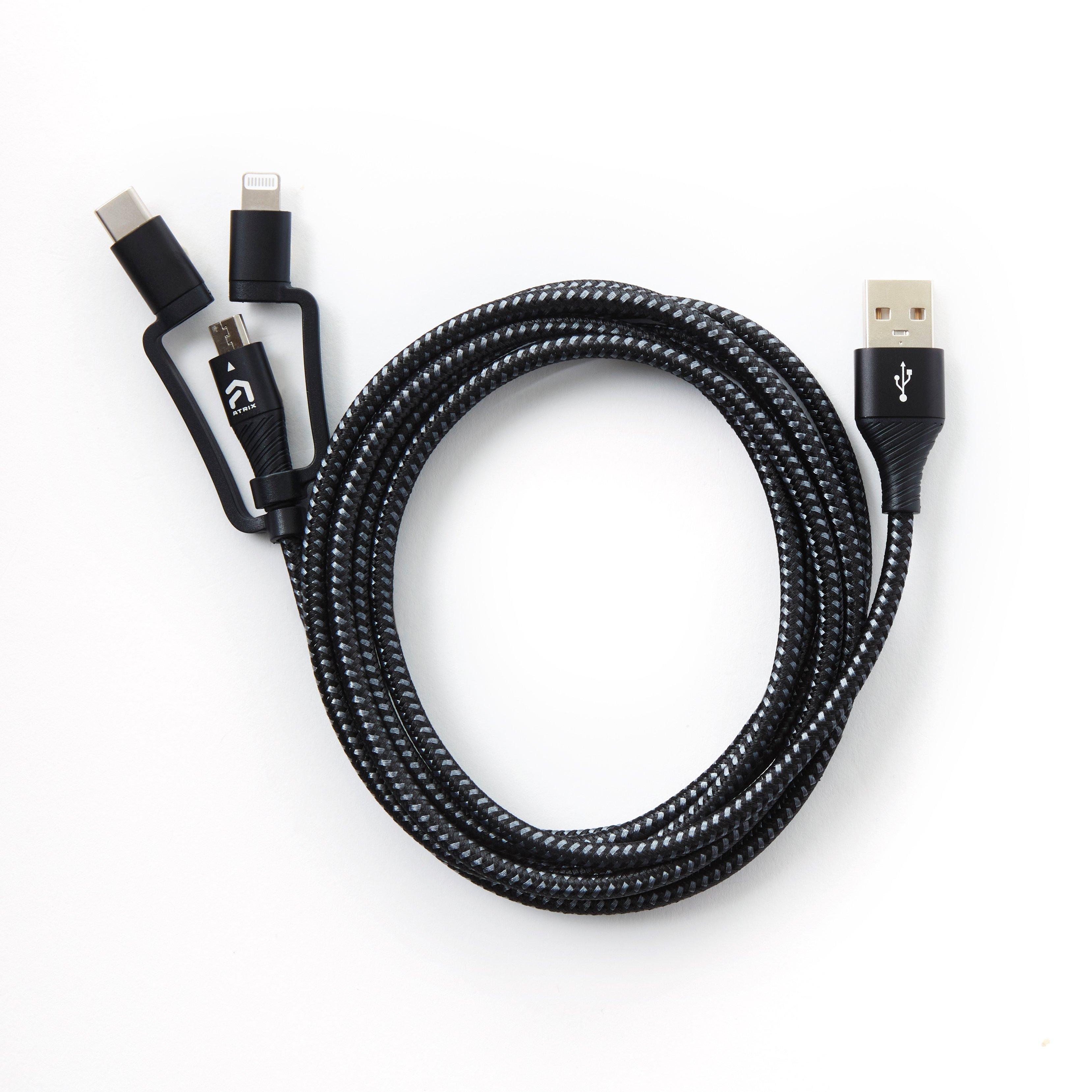 Atrix 3-in-1 Braided Nylon Charging Cable for Lightning, USB-C and Micro-USB  Devices