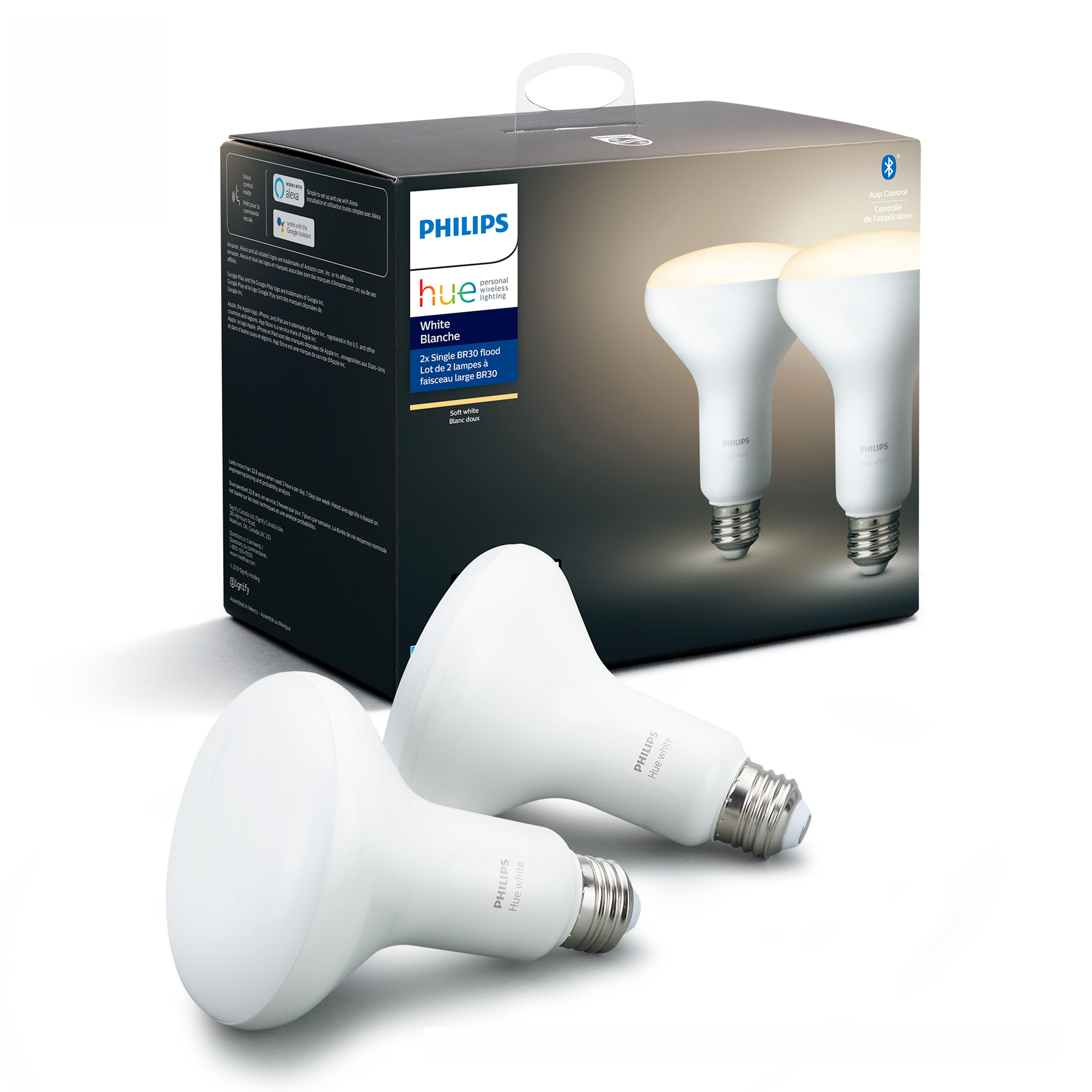 Philips Hue BR30 Soft White Bluetooth LED Flood Light Smart Bulb 2 Pack