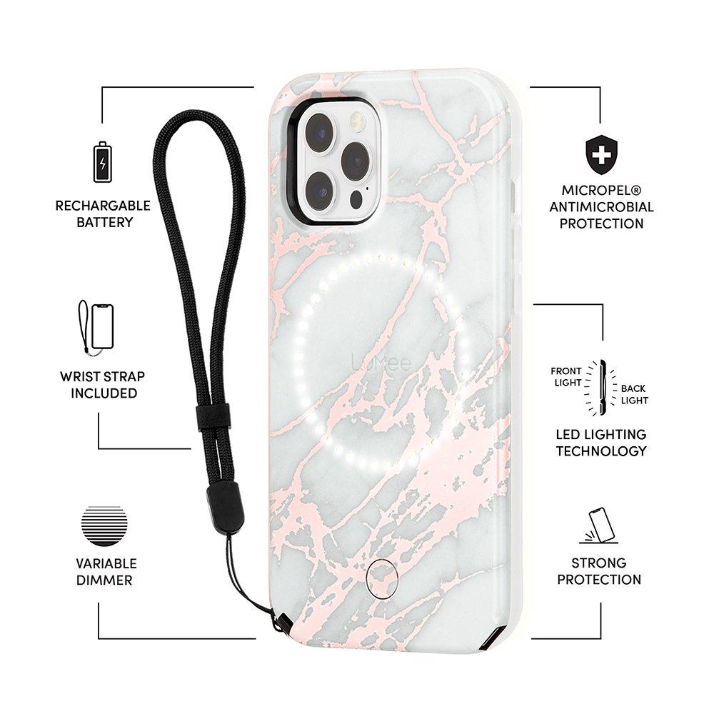 LuMee Halo Selfie Light Case for iPhone 12 Pro Max Rose Gold White Marble