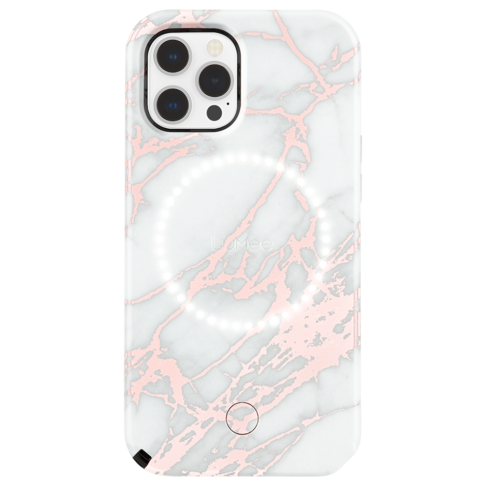 LuMee Halo Selfie Light Case for iPhone 12/12 Pro Rose Gold White Marble