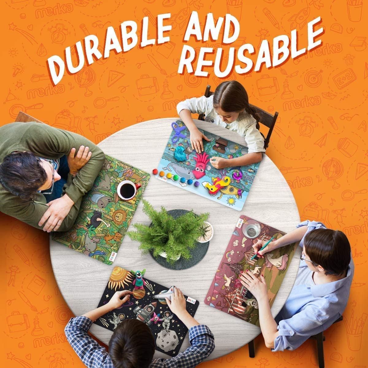 merka Designer Set Ocean, Space, Jungle, and Unicorns - 4 Pack Educational Non-Slip Placemats