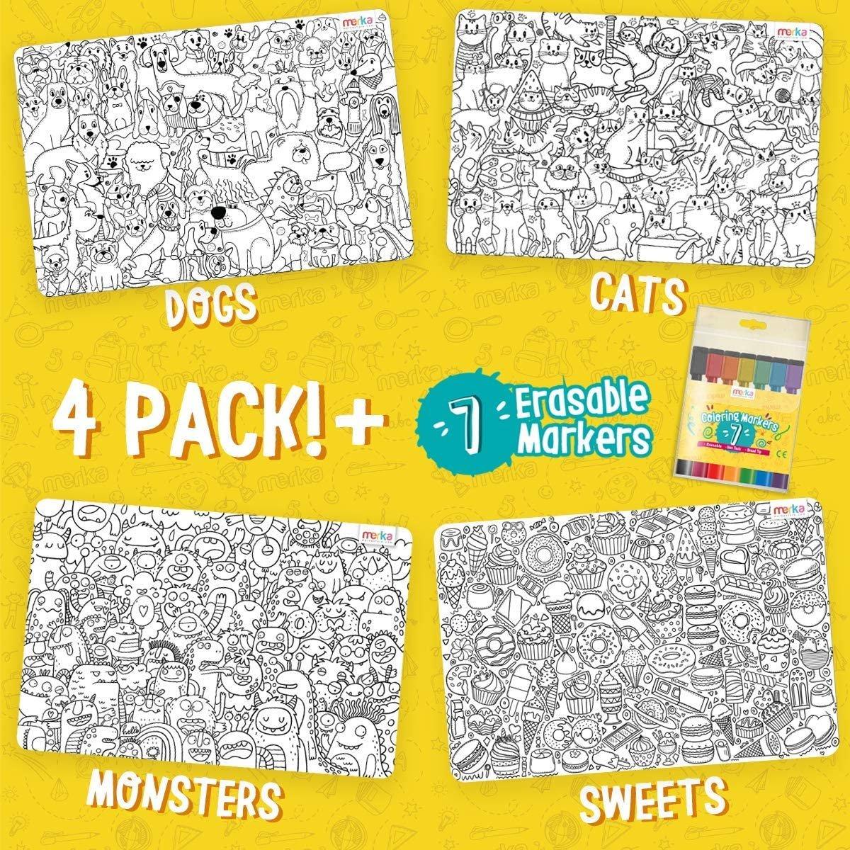merka Drawing Pad of Cats and Dog 4 Pack with 7 Erasable Markers Fun Activities Learning Non-Slip Placemats