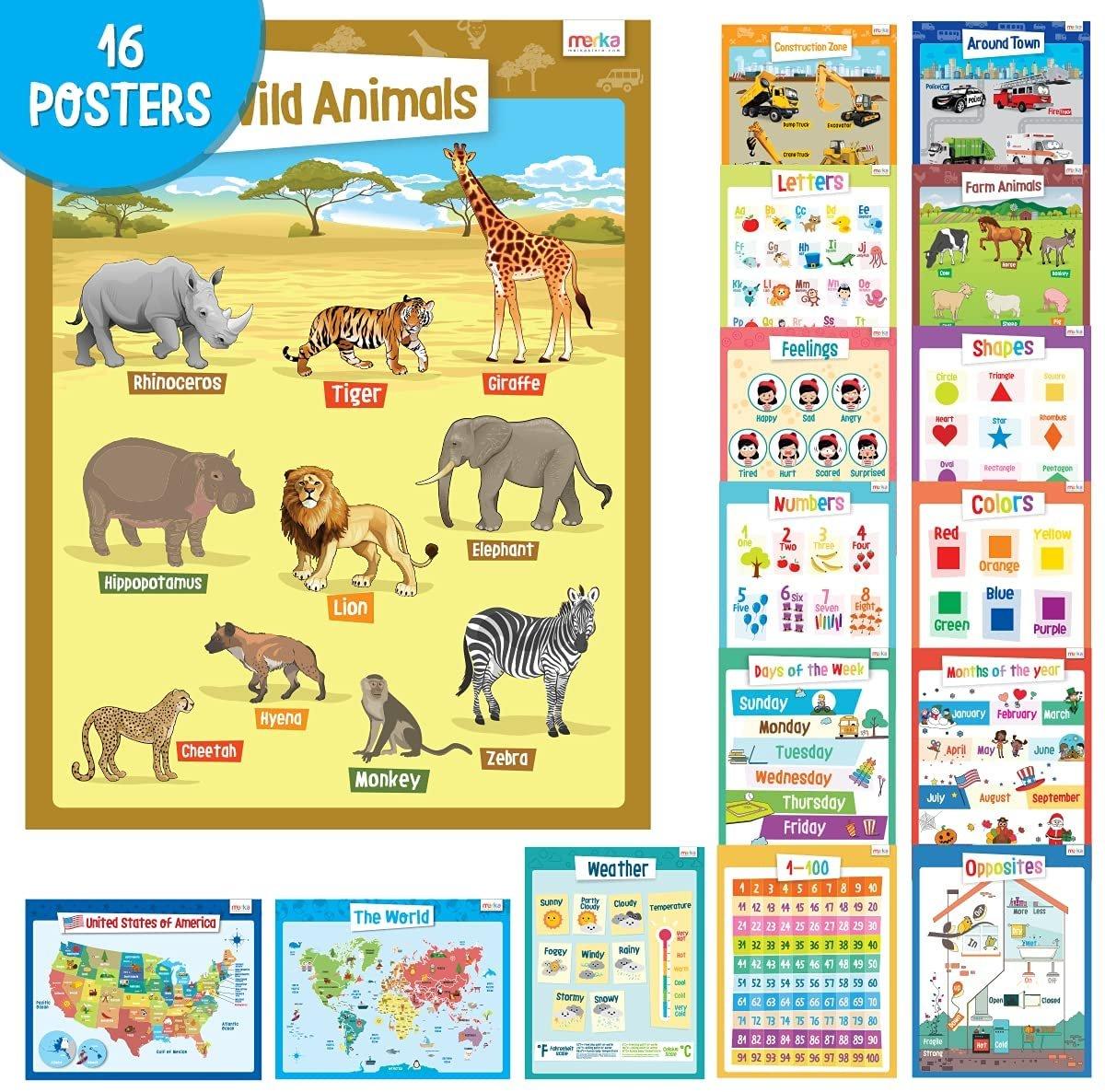 merka Large Kindergarten Set of the USA, World Maps, Letters, Shapes, Numbers, and Animals Educational Wall Posters