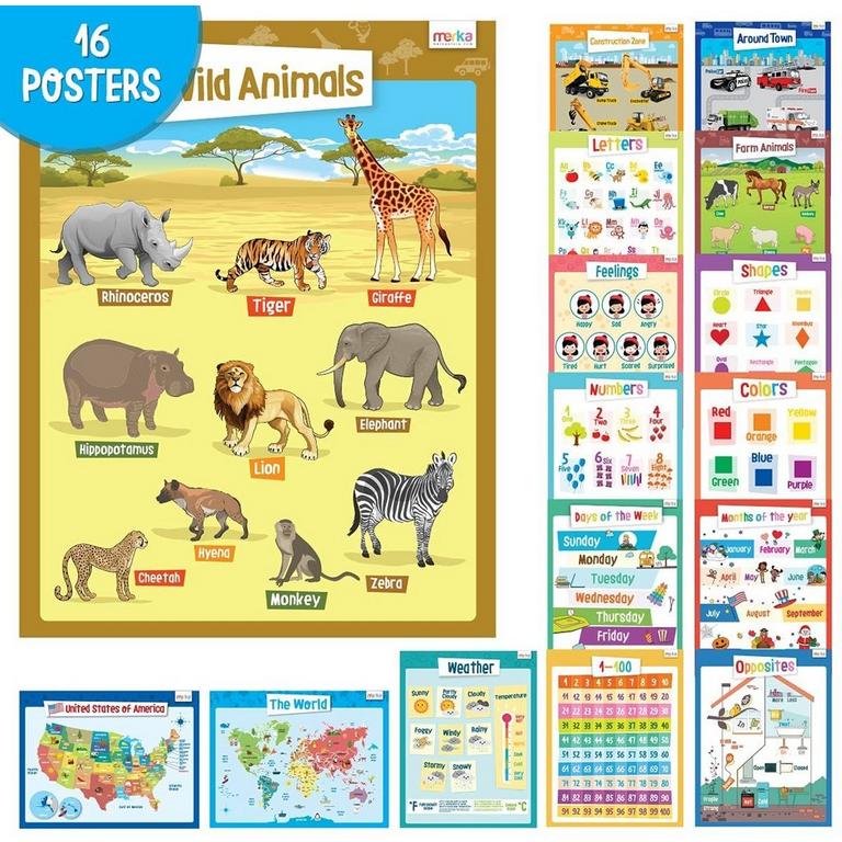 merka Large Kindergarten Set of the USA, World Maps, Letters, Shapes,  Numbers, and Animals Educational Wall Posters | GameStop