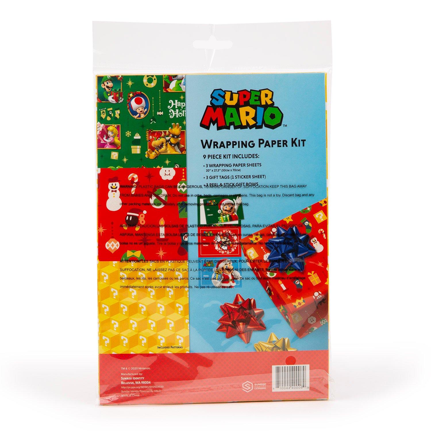 Super Mario 9-Piece Holiday Wrapping Paper Kit 3 Sheets, 3 Gift Tags, 3 Bows