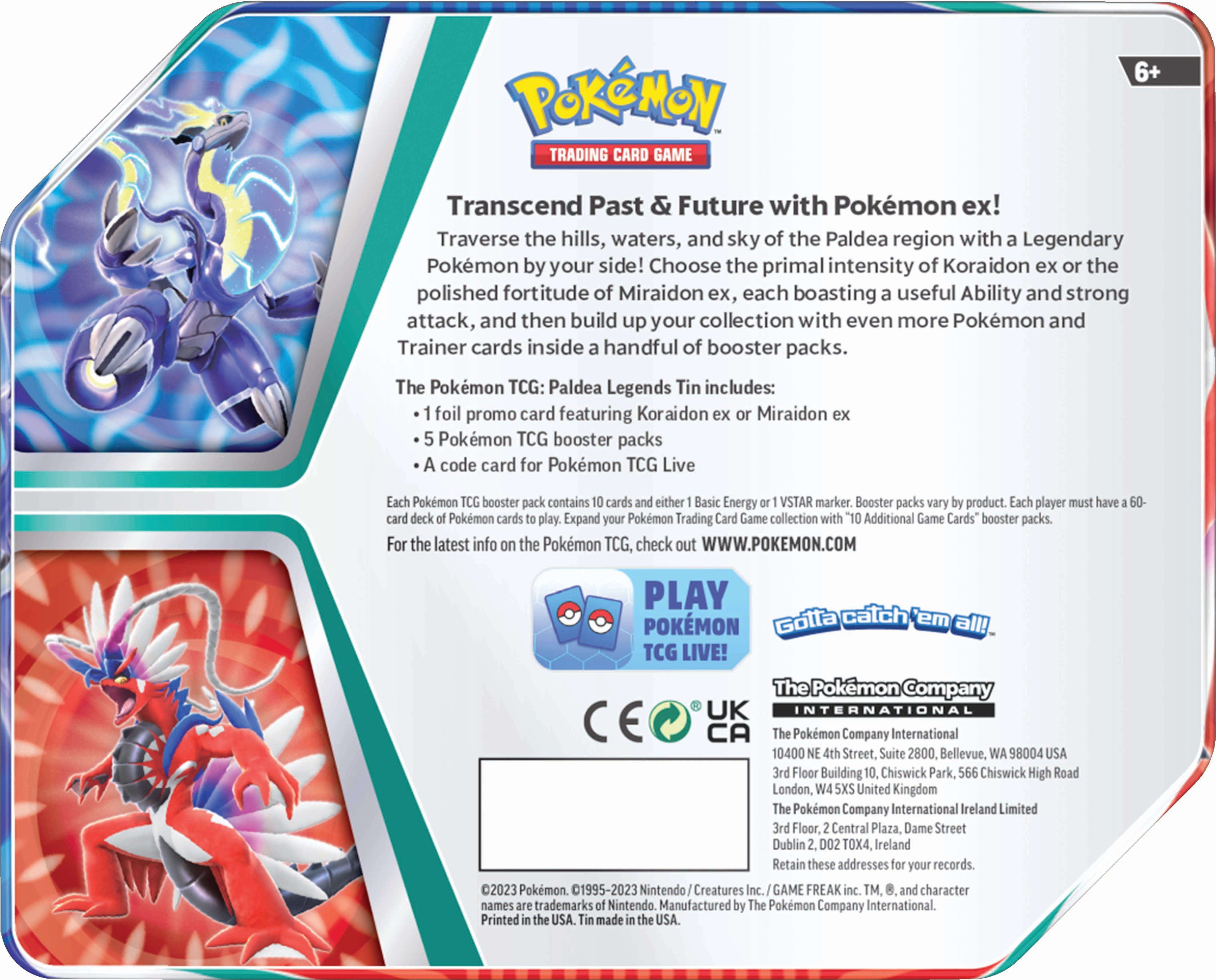 Pokemon Trading Card Game: Paldea Legends Koraidon ex OR Miraidon ex Tin (Styles May Vary