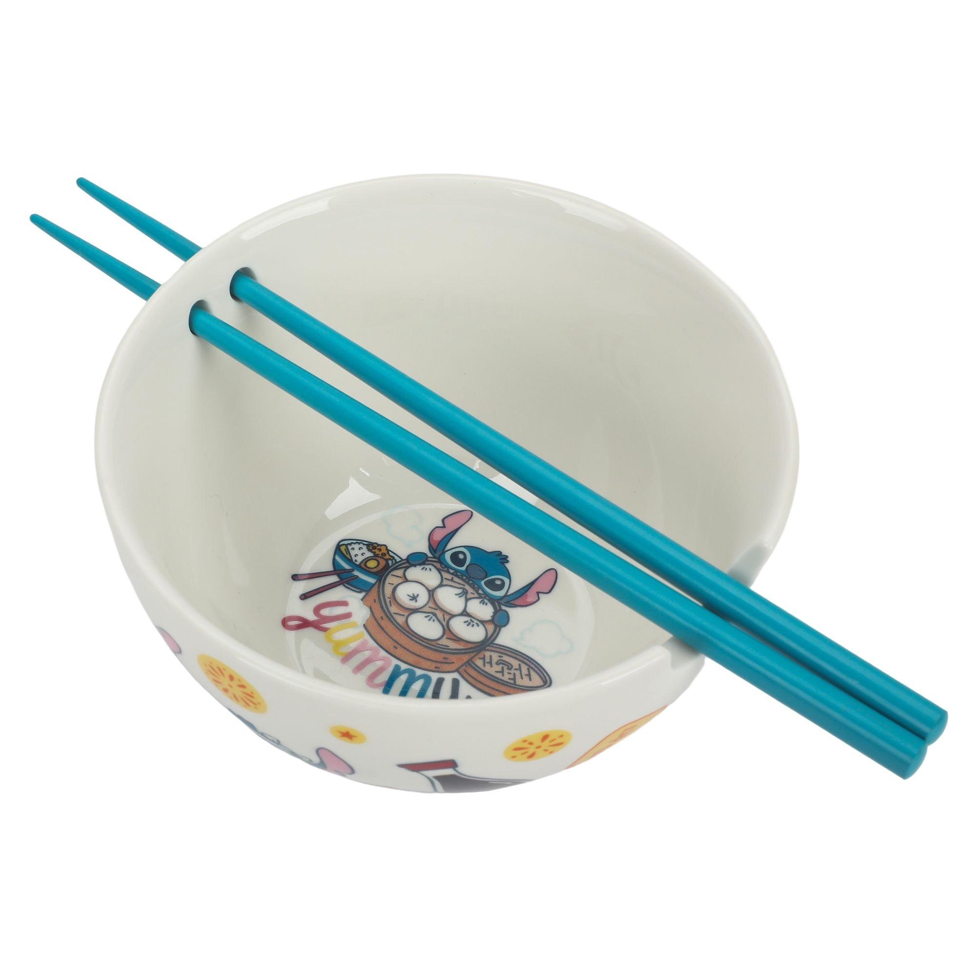 Stitch Food Icons Pattern White Ceramic Ramen Bowl with Chopsticks