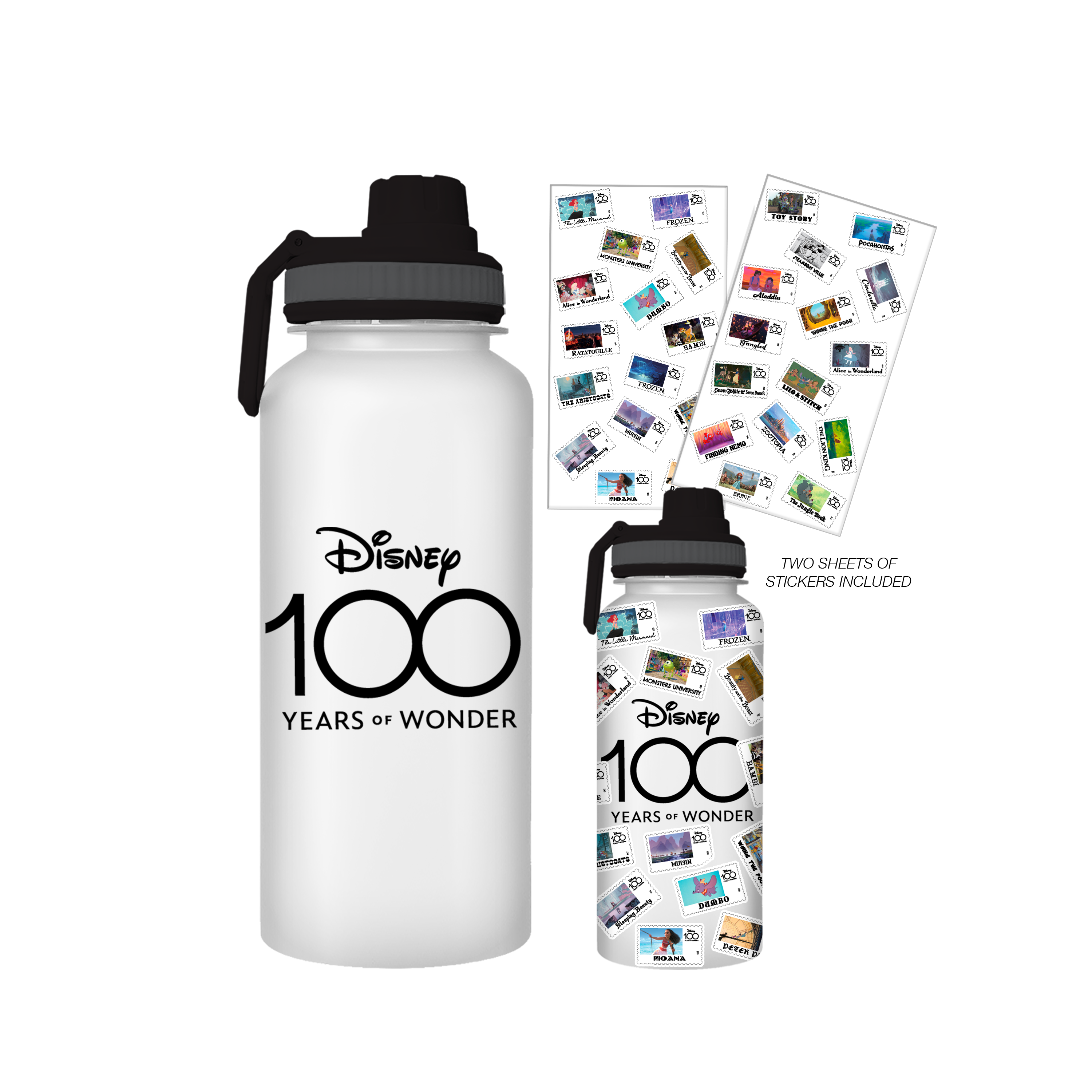 Disney100 Tossed Stamps Pattern 32oz Twist Spout Plastic Bottle with Sticker Set