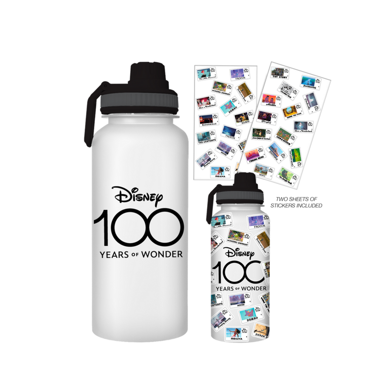 Disney100 Tossed Stamps Pattern 32oz Twist Spout Plastic Bottle with Sticker Set