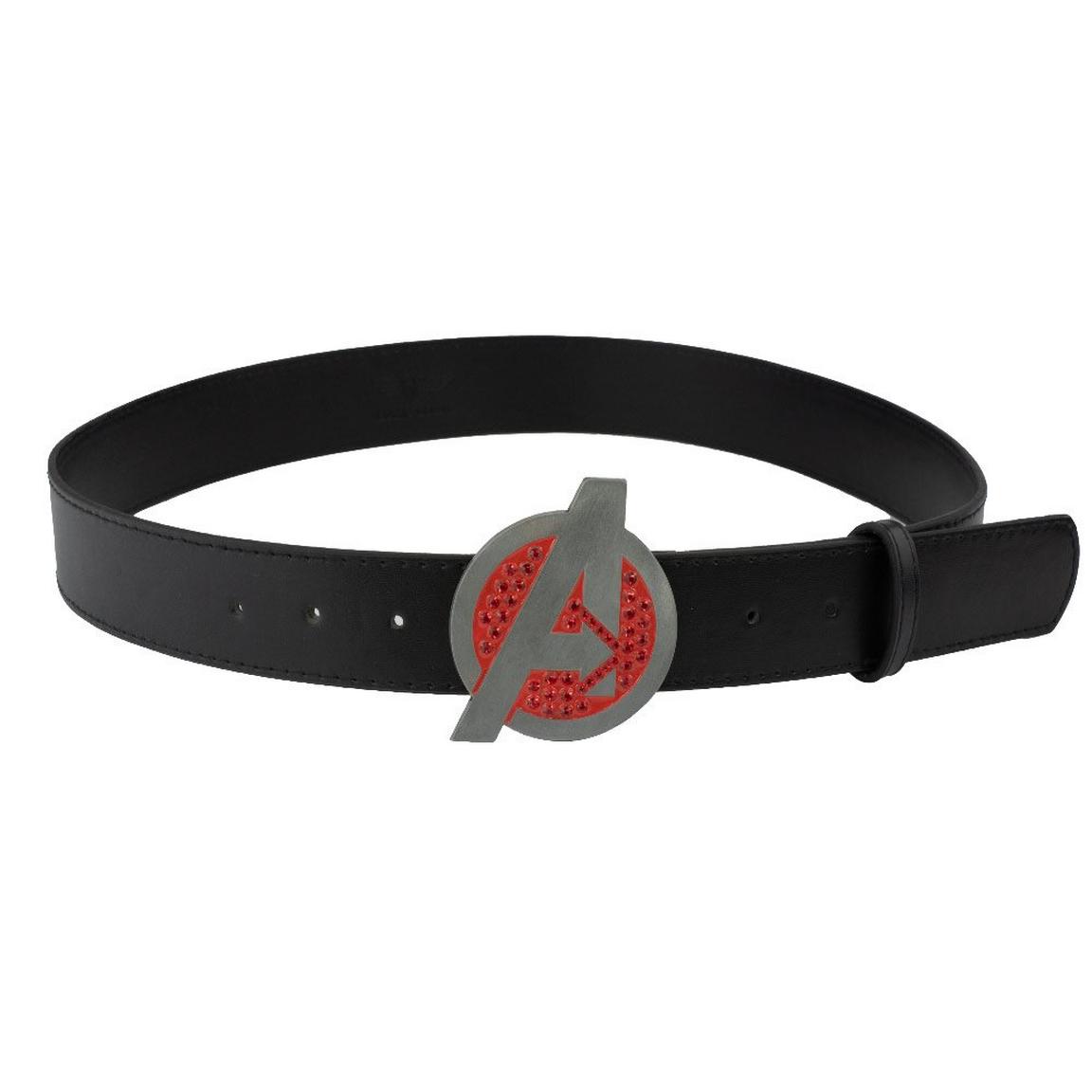 Buckle-Down Marvel Avengers Logo with Red Crystal Rhinestones Black Vegan Leather Belt, Size: Small, Buckle Down