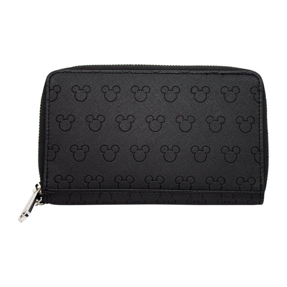 Buckle Down Women's Disney Wallet, Rectangle Zip Around, Mickey Mouse Ears Icon Outline Embossed, Black Vegan Leather, 7.5x4.5