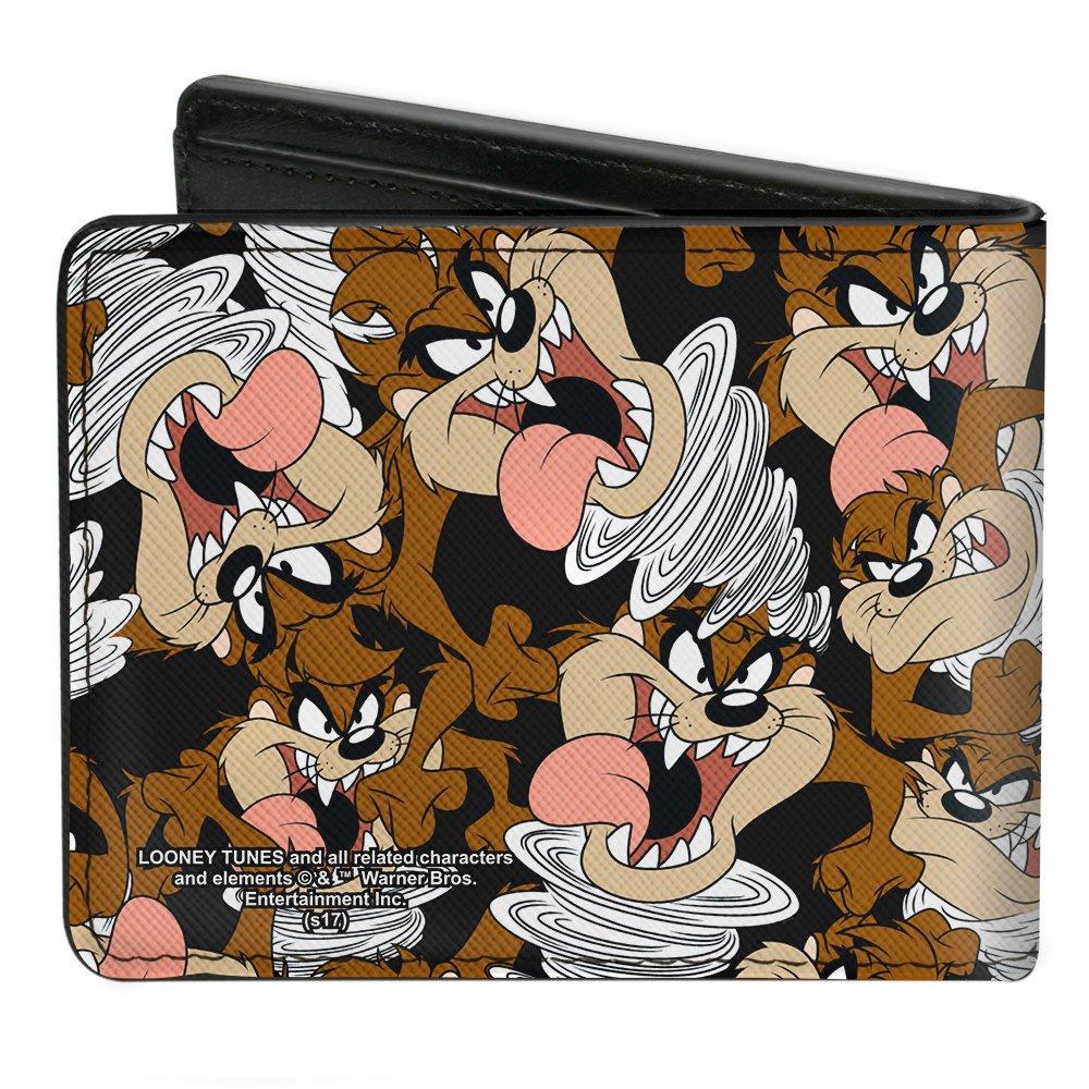 Buckle-Down Looney Tunes Tasmanian Devil Vortex Poses Scattered Men's Black Vegan Leather Bifold Wallet