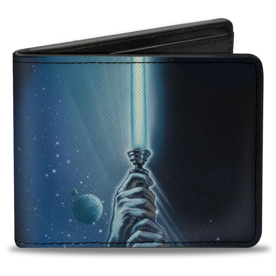 Buckle-Down Star Wars Luke Holding Lightsaber and Character Collage Men's Blue Vegan Leather Wallet, Size: One Size, Buckle Down