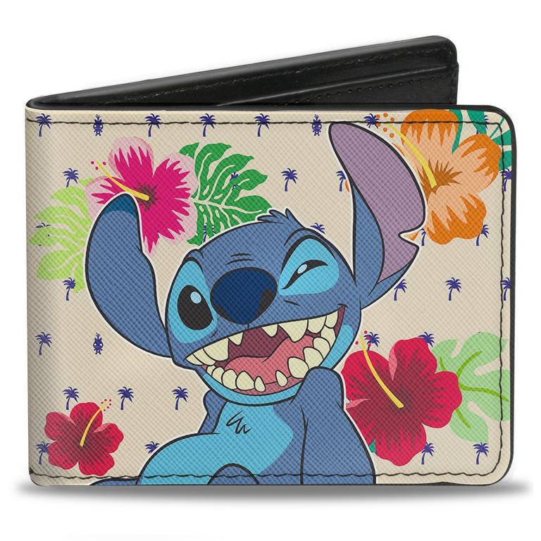 Buckle-Down Disney Lilo and Stitch - Stitch Winking Ohana Means Family  Men's Tropical Flora Vegan Leather Bifold Wallet
