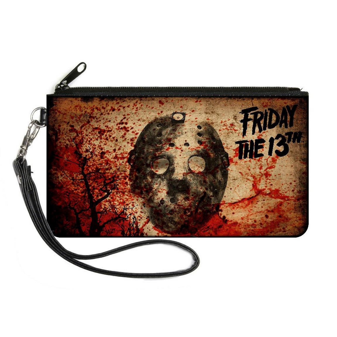 Buckle-Down Friday the 13th Jason Mask Trees Tans Blood Splatter Black Canvas Zip Clutch Wallet, Size: One Size, Buckle Down