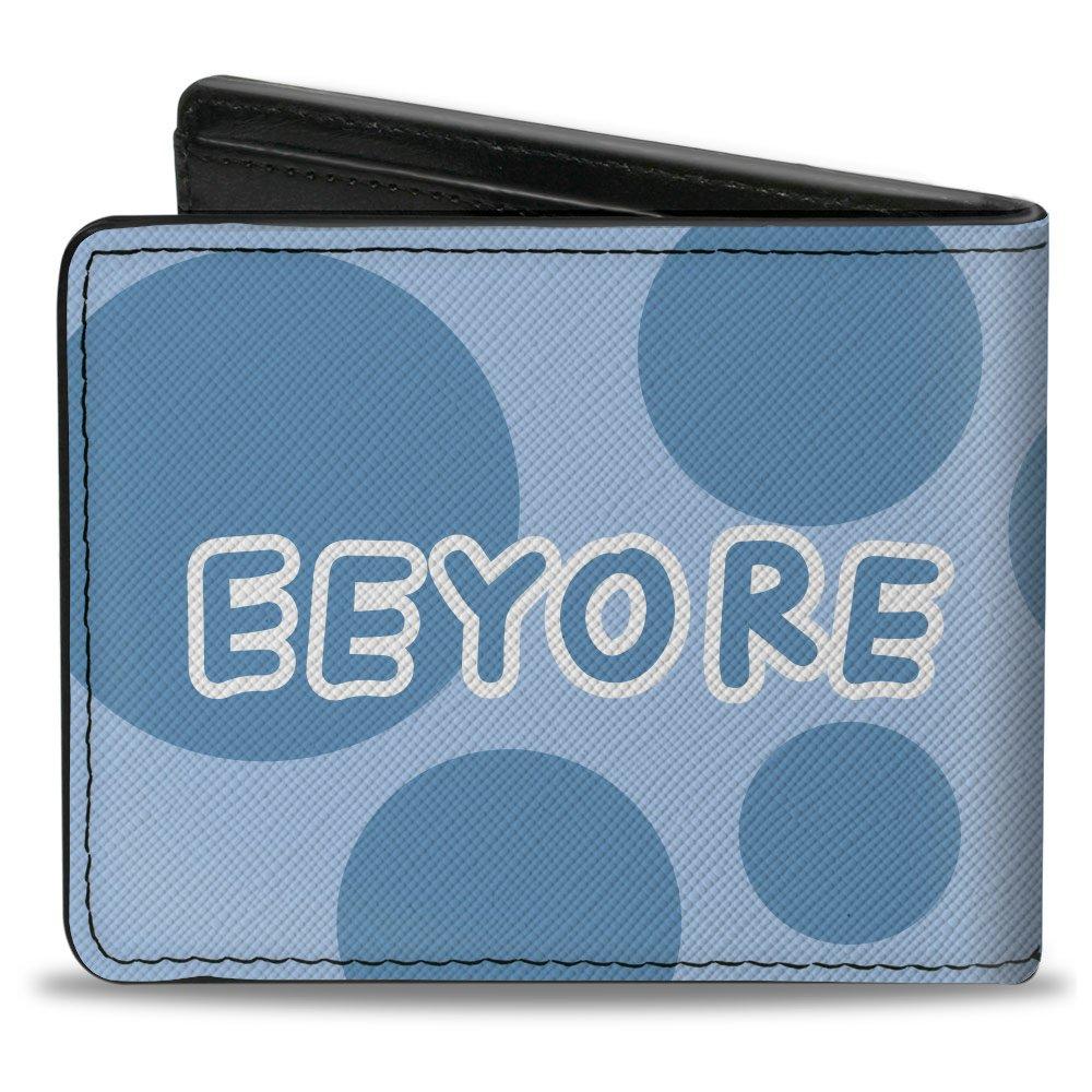 Buckle-Down Disney Winnie the Pooh Eeyore Character Close Up Pose and Text Blues Men's Vegan Leather Bifold Wallet