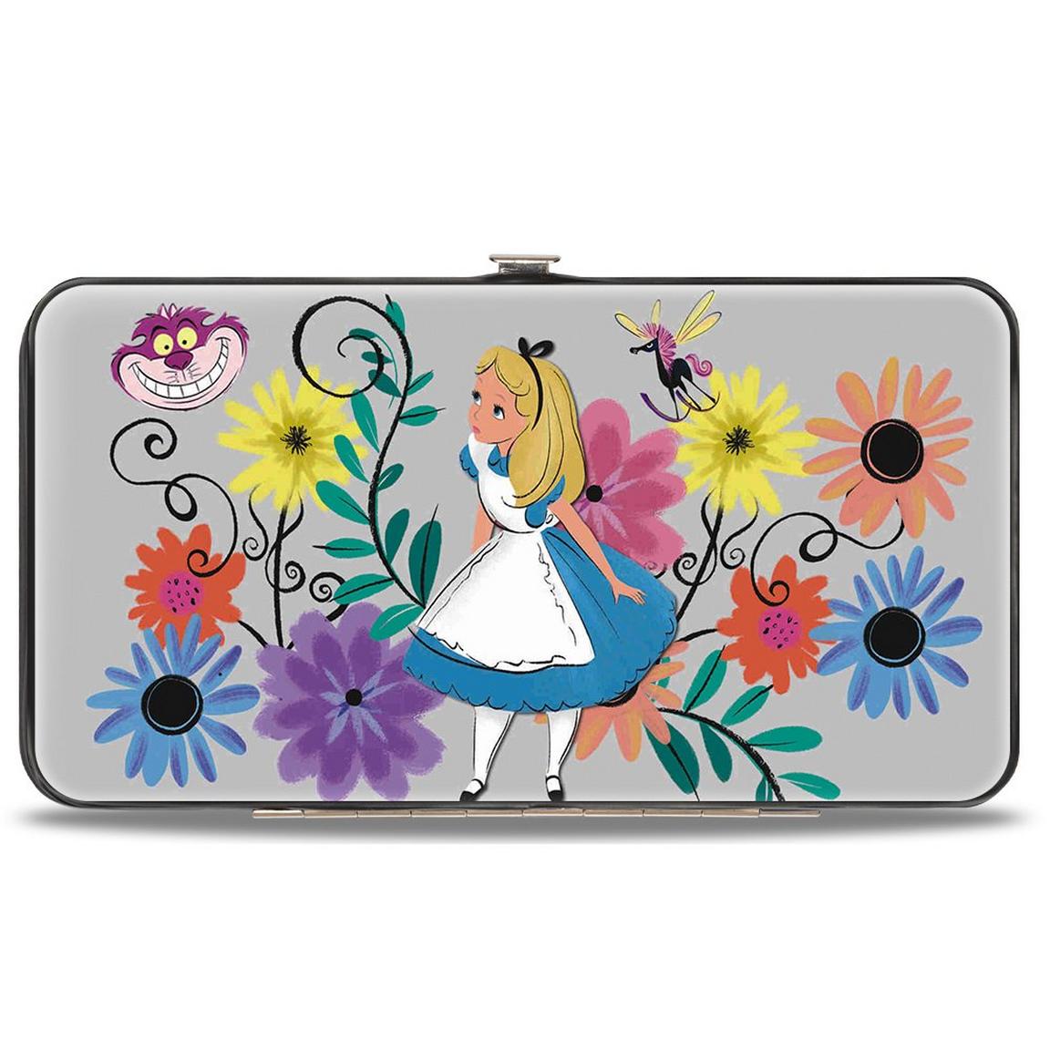 Buckle-Down DisneyAlice in Wonderland Alice Cheshire Cat Face Flowers of Wonderland Vegan Leather Hinged Wallet, Size: One Size, Buckle Down