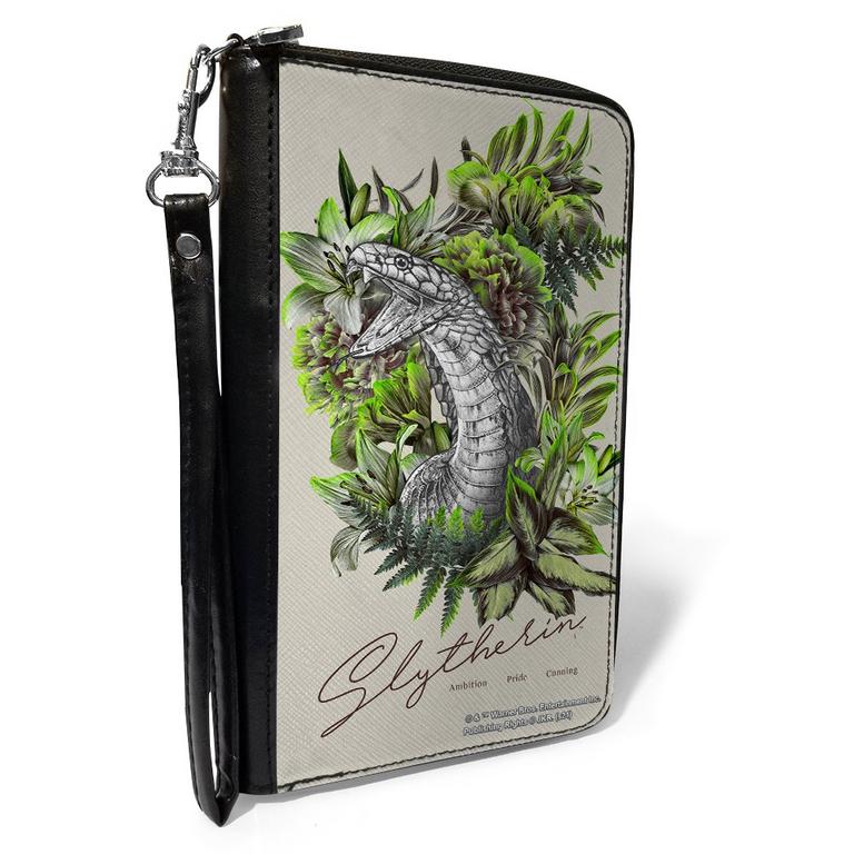 Buckle-Down Harry Potter Slytherin Floral Serpent Sketch Gray Vegan Leather Zip Around Wallet