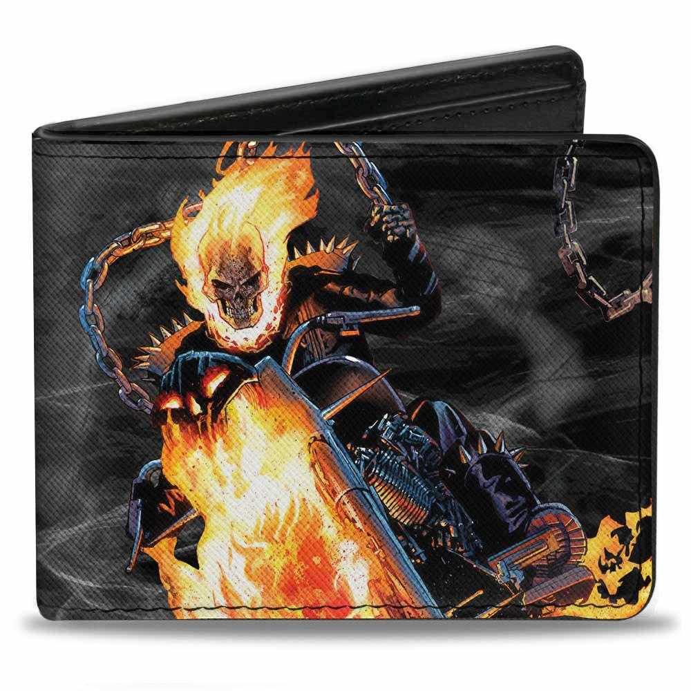 Buckle-Down Marvel Ghostrider Riding Pose Skull Smoke Black Grays Flames  Men's Vegan Leather Bifold Wallet