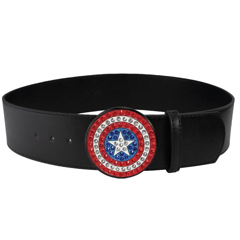 Buckle-Down Marvel Comics Belt, Marvel Avengers Logo with Red Crystal Rhinestones, Black Vegan Leather Belt, adult Unisex, Size: 1.5 Wide - Fits 