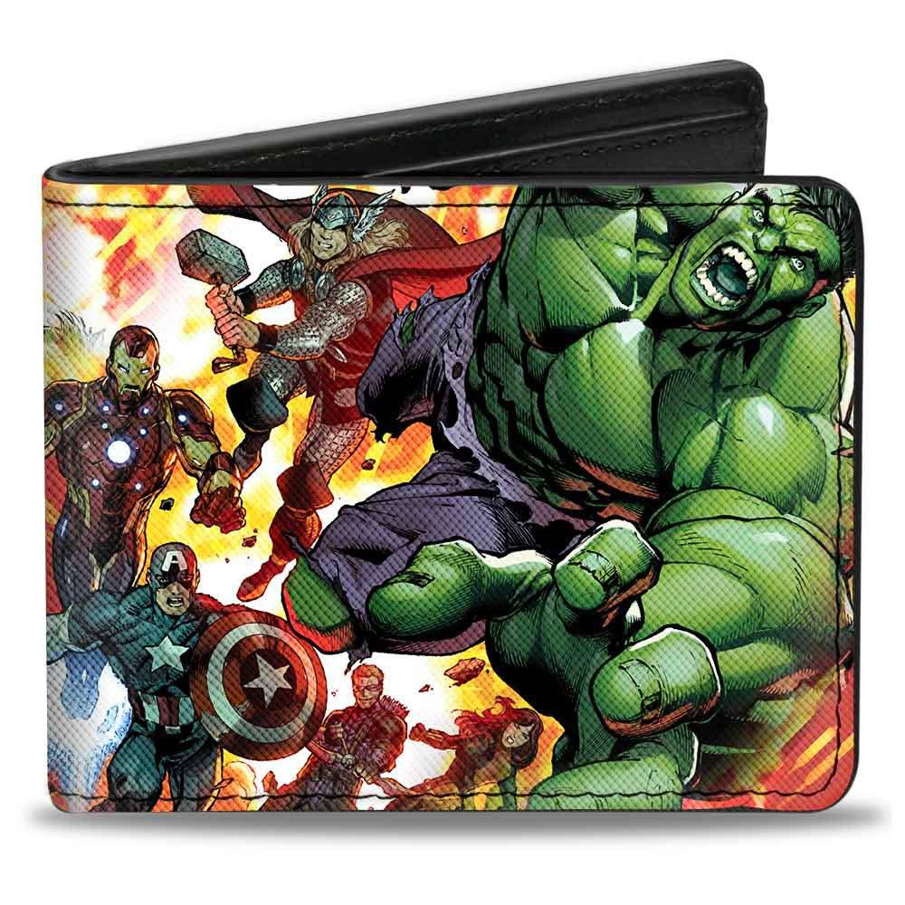 Buckle-Down Marvel Comics Avengers Assemble Issue 2 Superhero Explosion Cover Pose Men's Vegan Leather Bifold Wallet