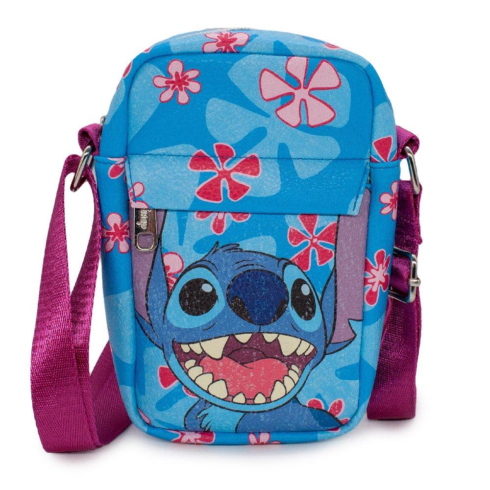 Buckle-Down Disney Lilo and Stitch - Stitch Smiling Closeup with Flowers Blue Vegan Leather Cross Body Bag