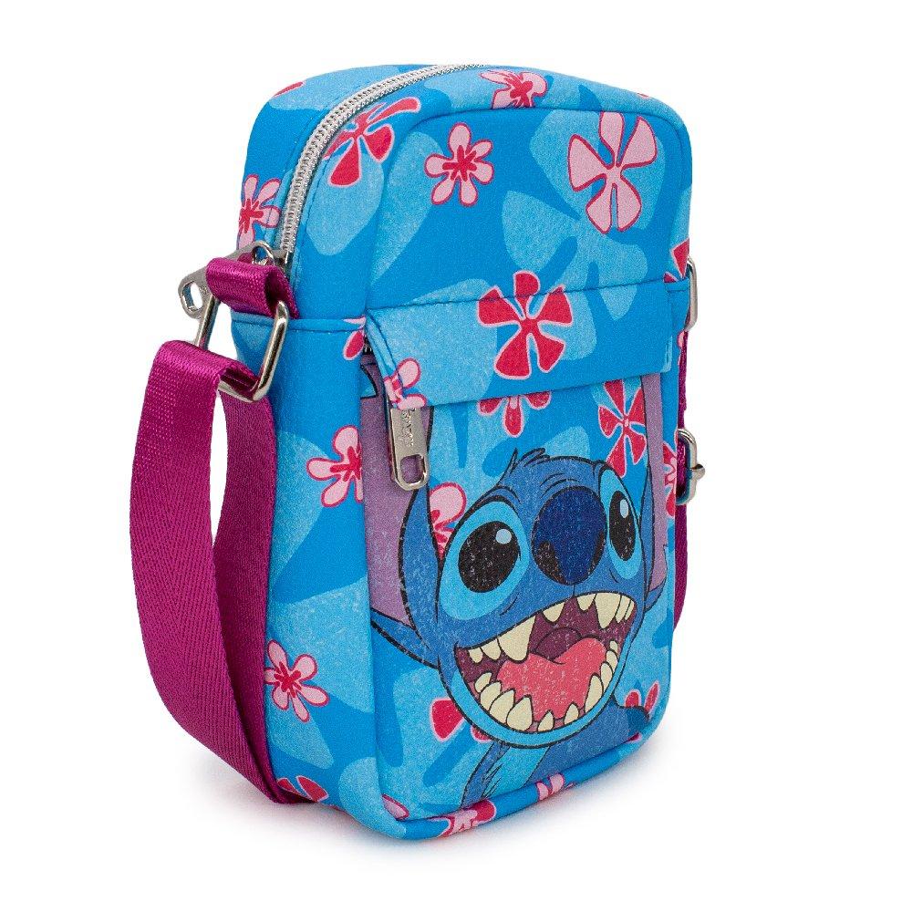 Buckle-Down Disney Lilo and Stitch - Stitch Smiling Closeup with Flowers Blue Vegan Leather Cross Body Bag