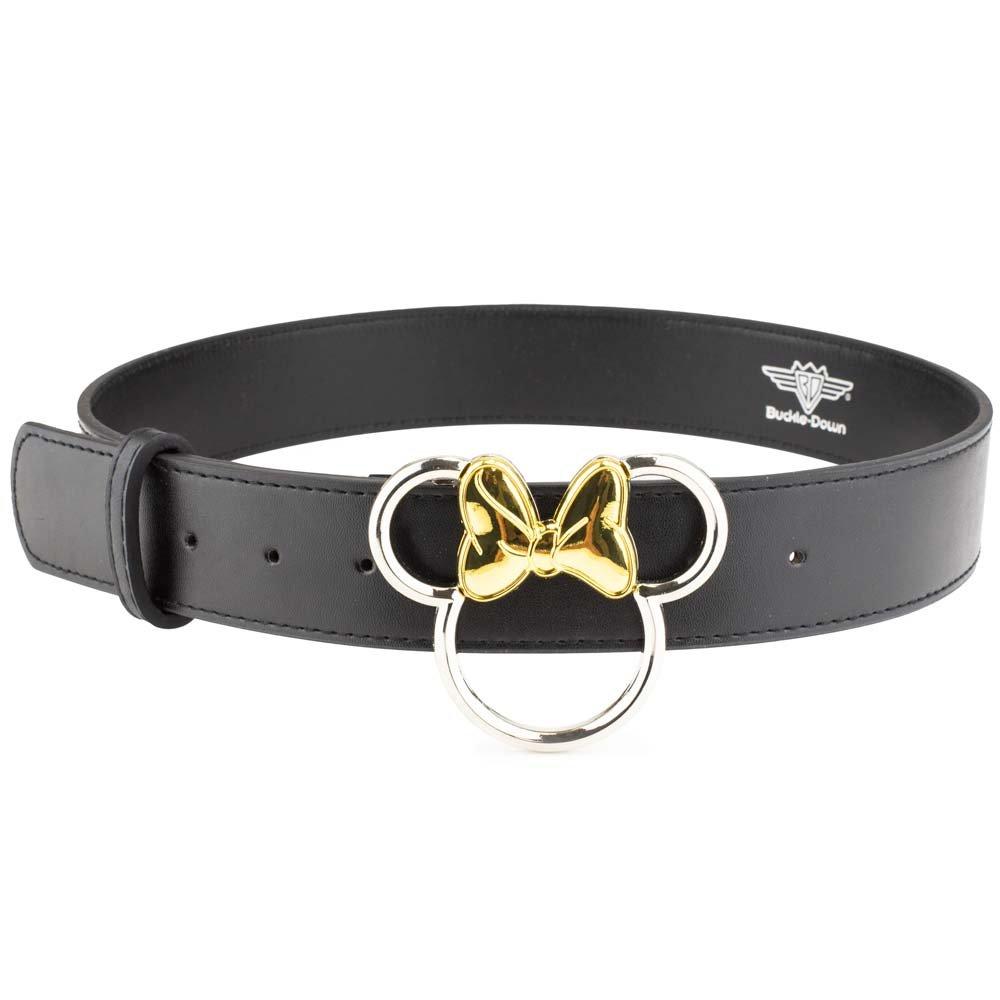 Buckle-Down Disney Minnie Mouse Ears Outline Silver with Gold Bow Unisex  Black Vegan Leather Belt