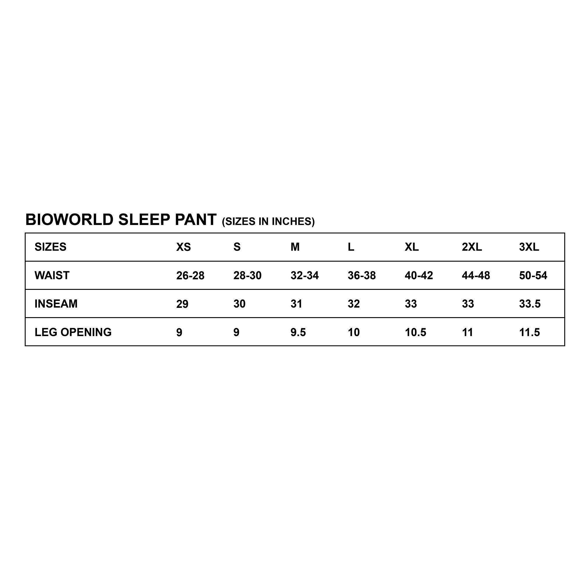 Pajama pant size chart hot sale