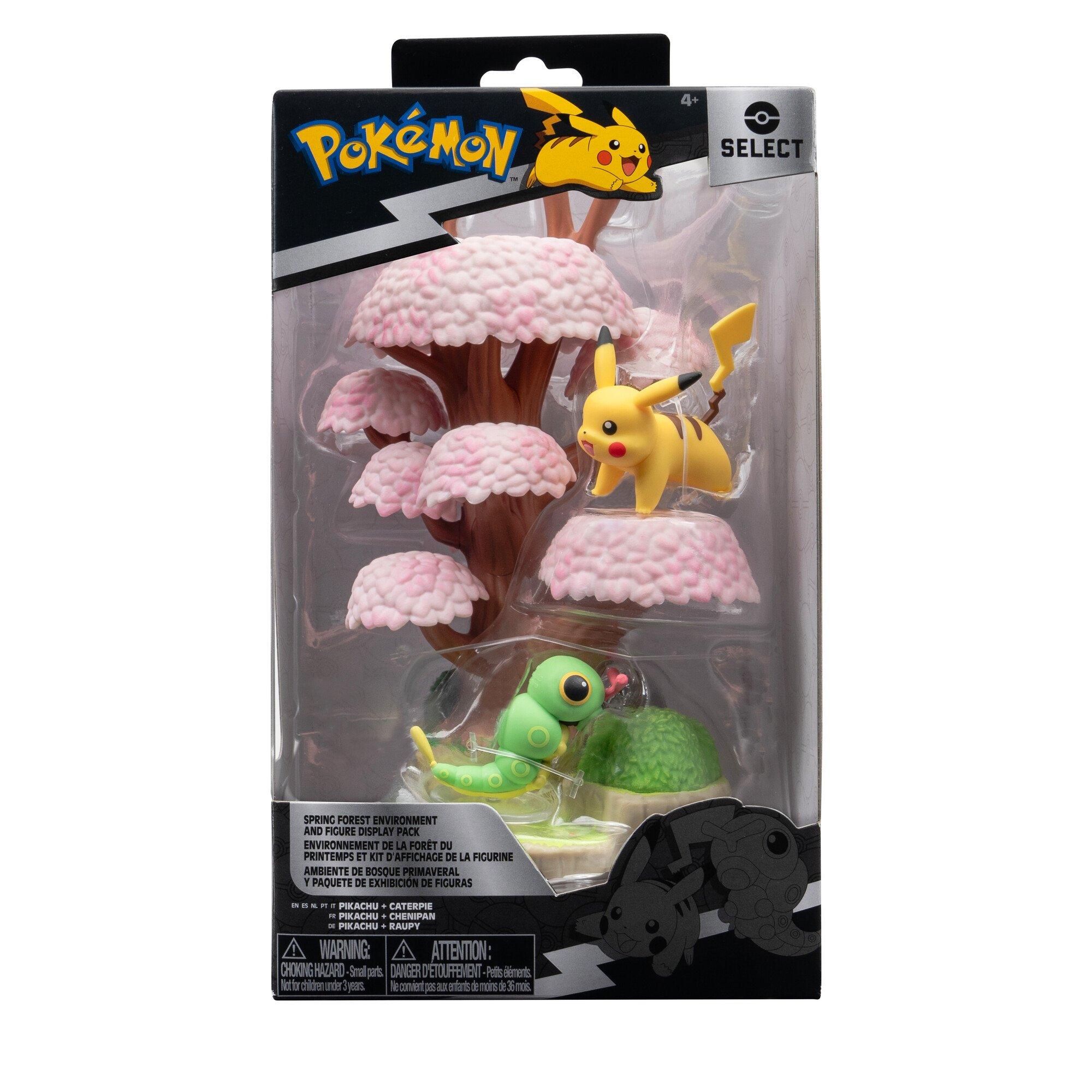 Jazwares Pokemon Select 6-in Spring Forest Environment Figure Pack with 2-in Figure Caterpie and Pikachu