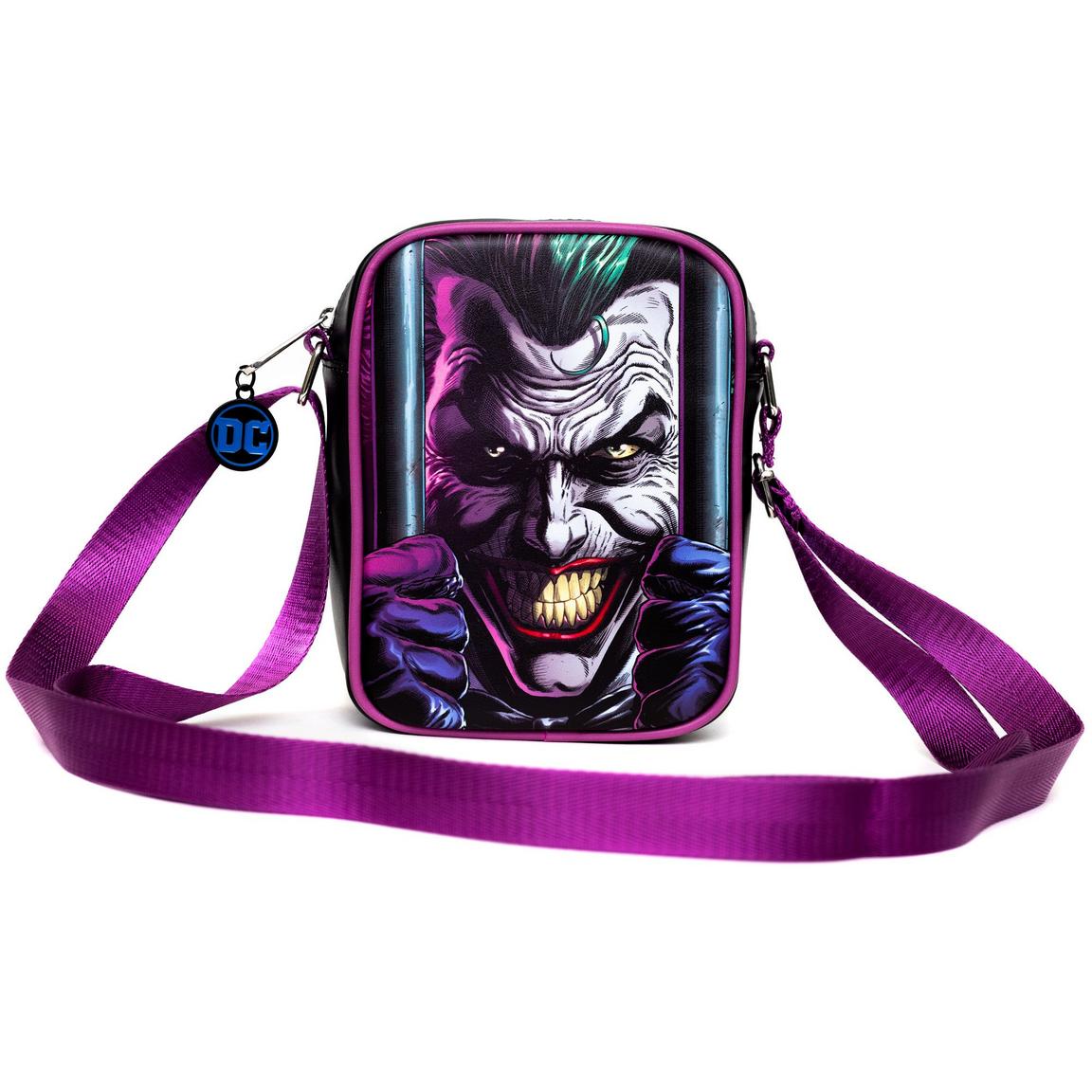 Buckle-Down DC Comics Batman Joker Polyurethane Crossbody Bag with Piping Edge and Cell Phone Pocket, Size: One Size, Buckle Down