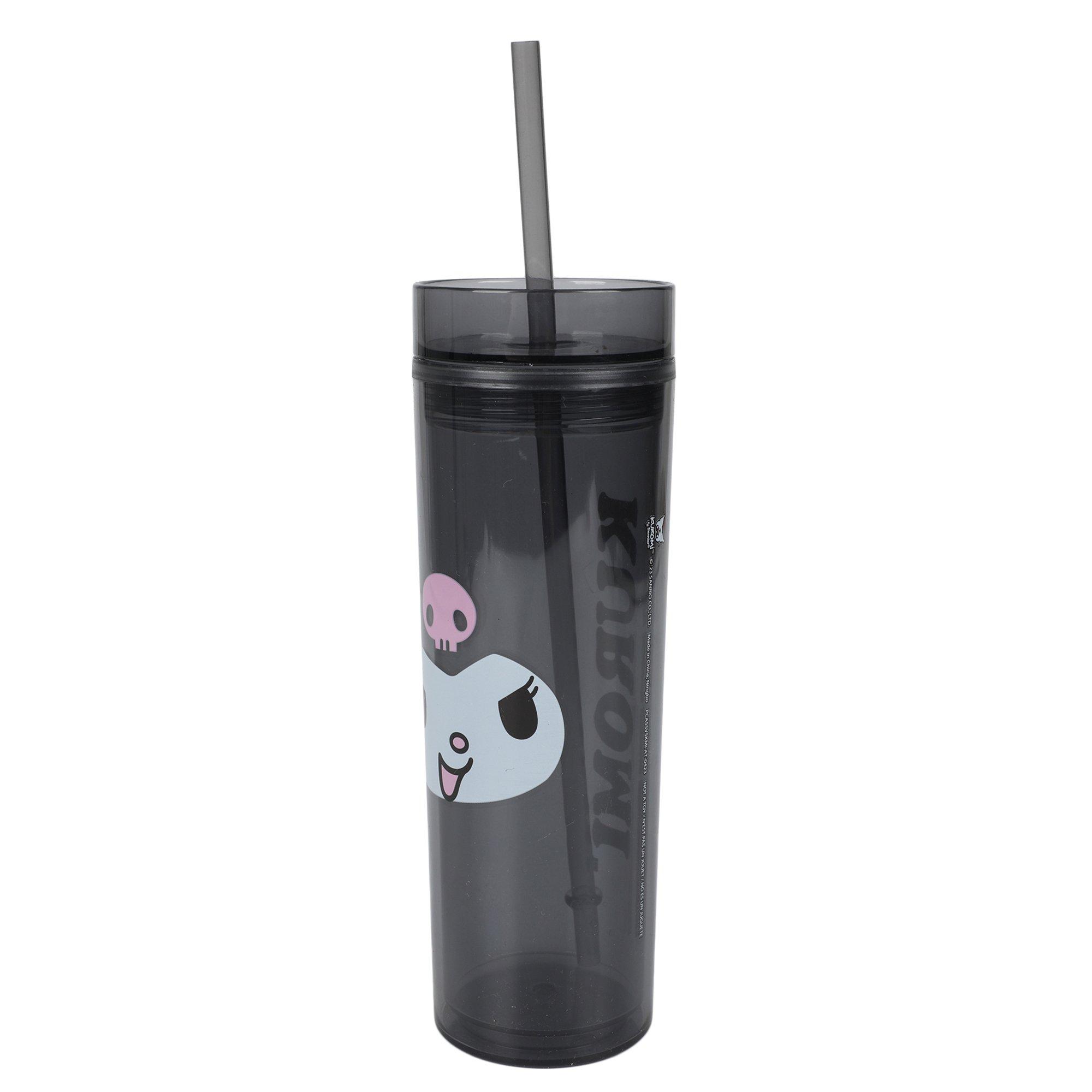 Kuromi Black 16 oz Slim Plastic Water Bottle with Straw
