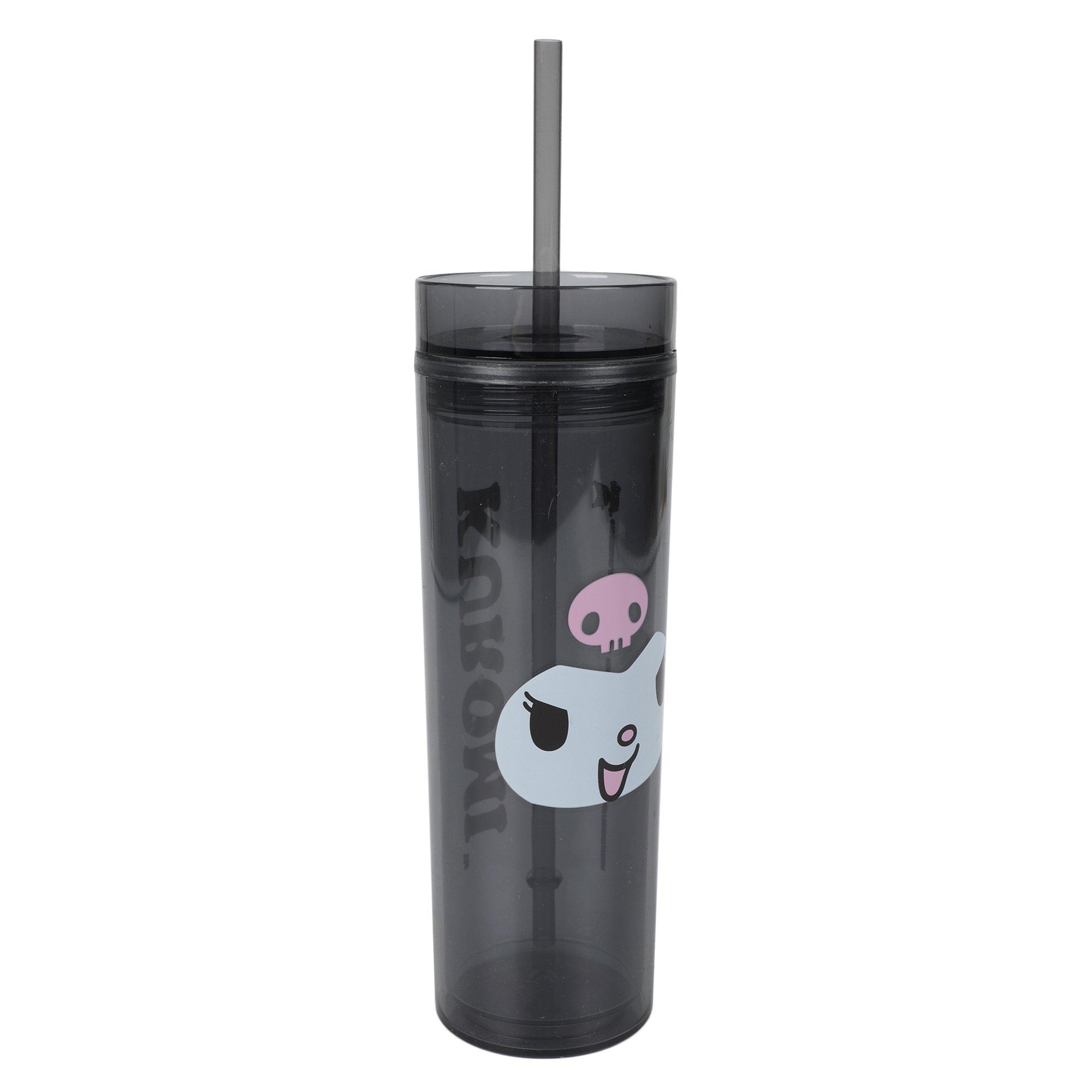 Kuromi Black 16 oz Slim Plastic Water Bottle with Straw