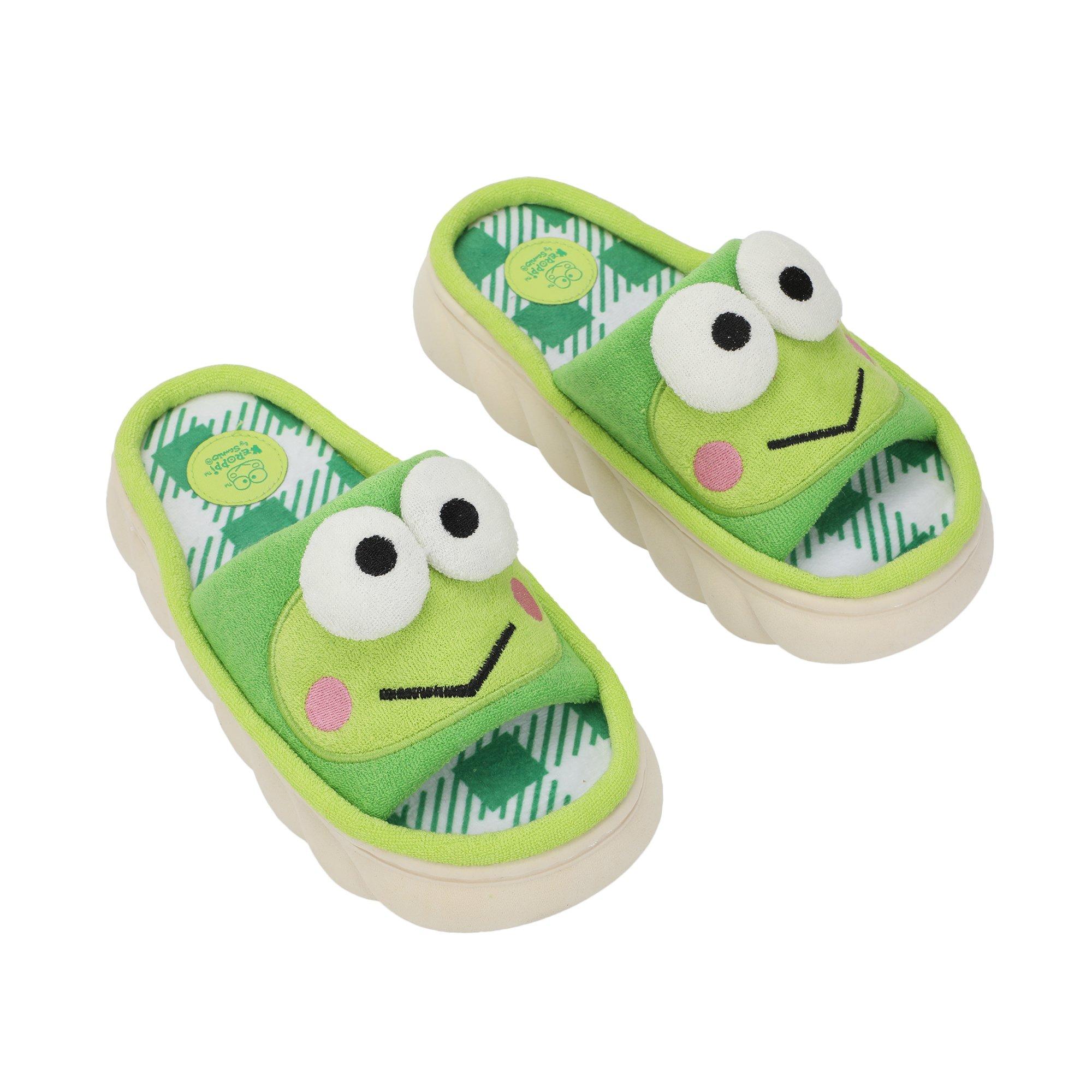 Keroppi 3D Character Face Art Women's Green and White Plaid Open-Toed Slide Slippers, Size: Small, Bioworld Merchandising