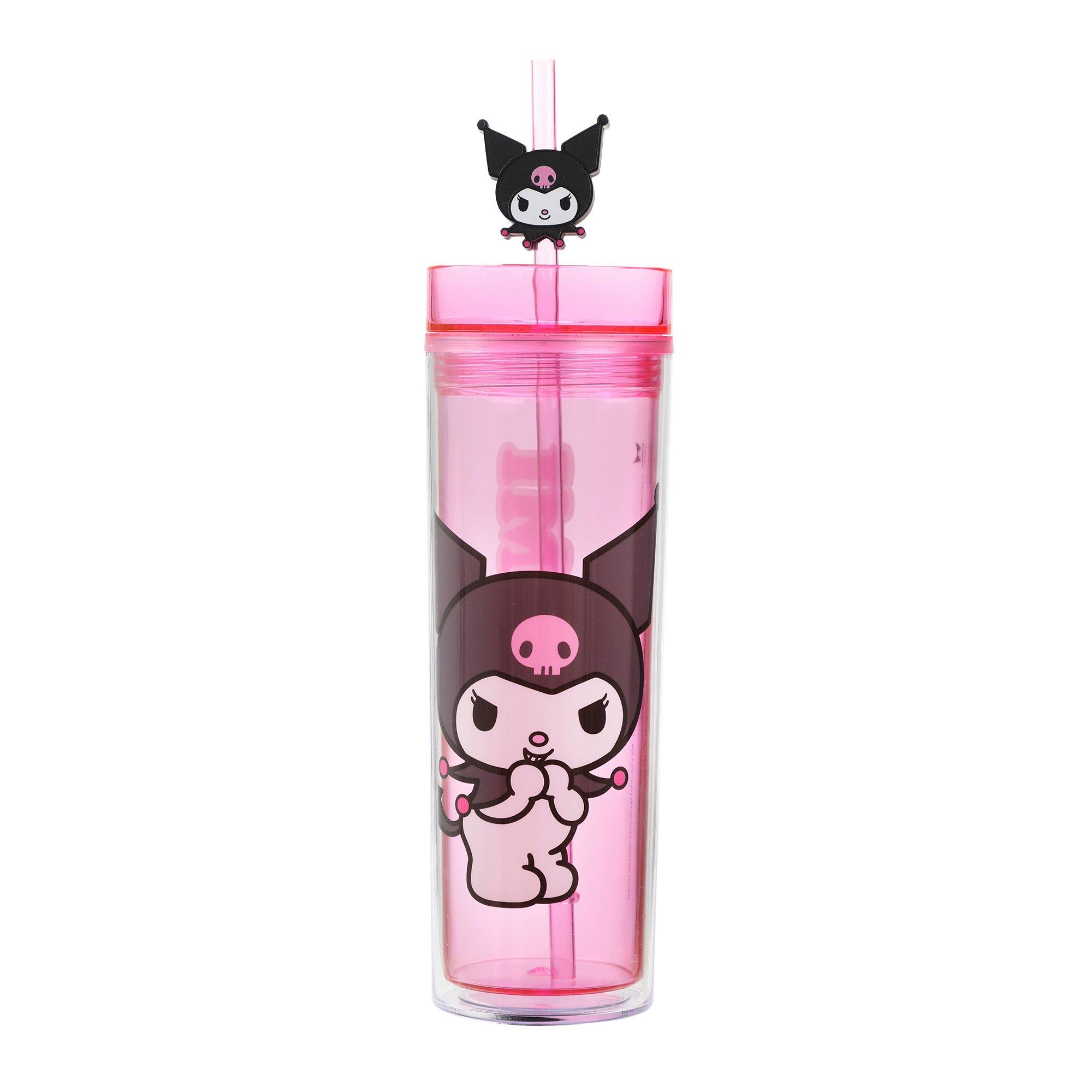 Bioworld Merchandising Sanrio Kuromi Clear Pink 16 oz Plastic Water Bottle with Straw Charm