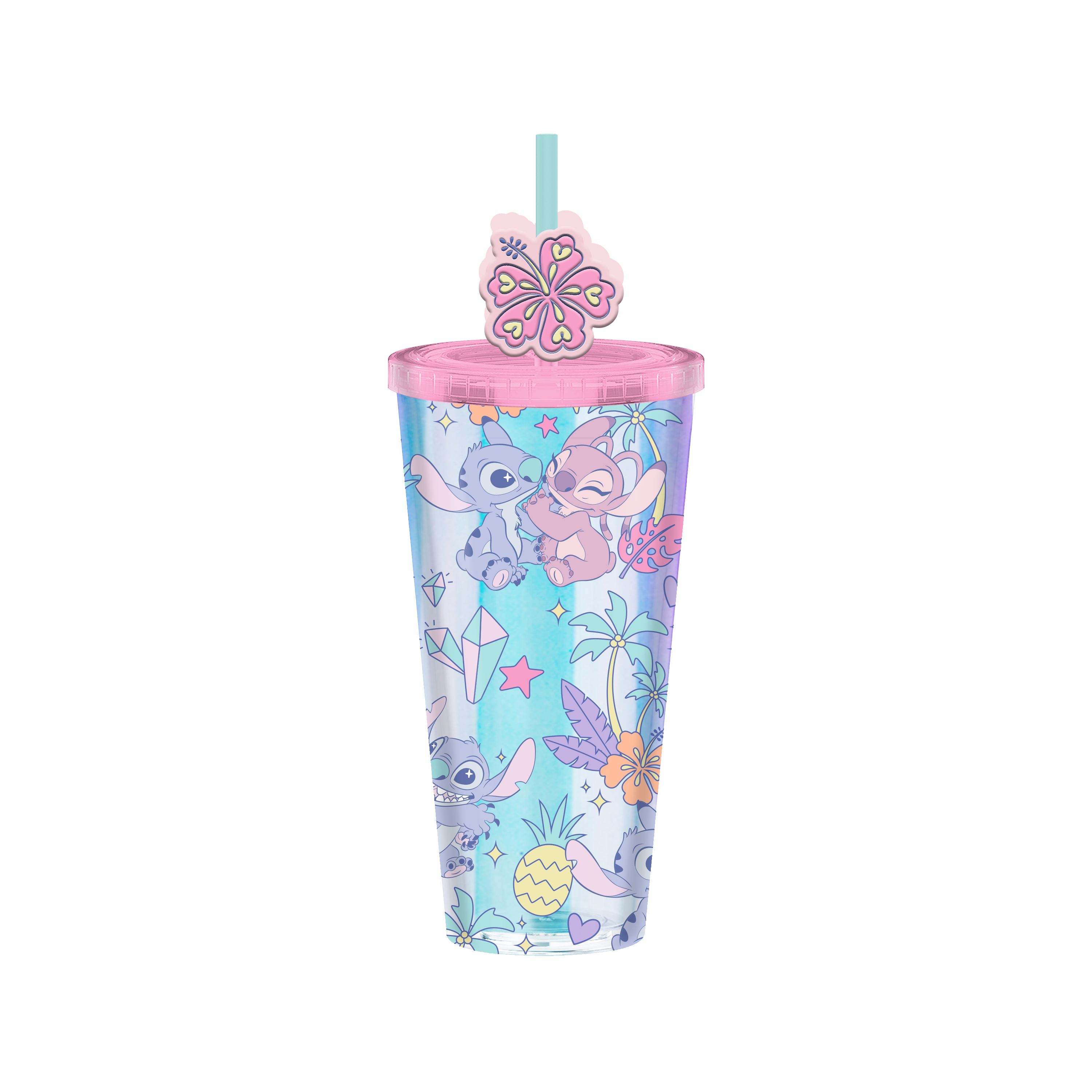 Silver Buffalo Lilo and Stitch - Stitch and Angel Pastel Pearlescent Plastic Cold 24oz Cup with Lid and Topper Straw