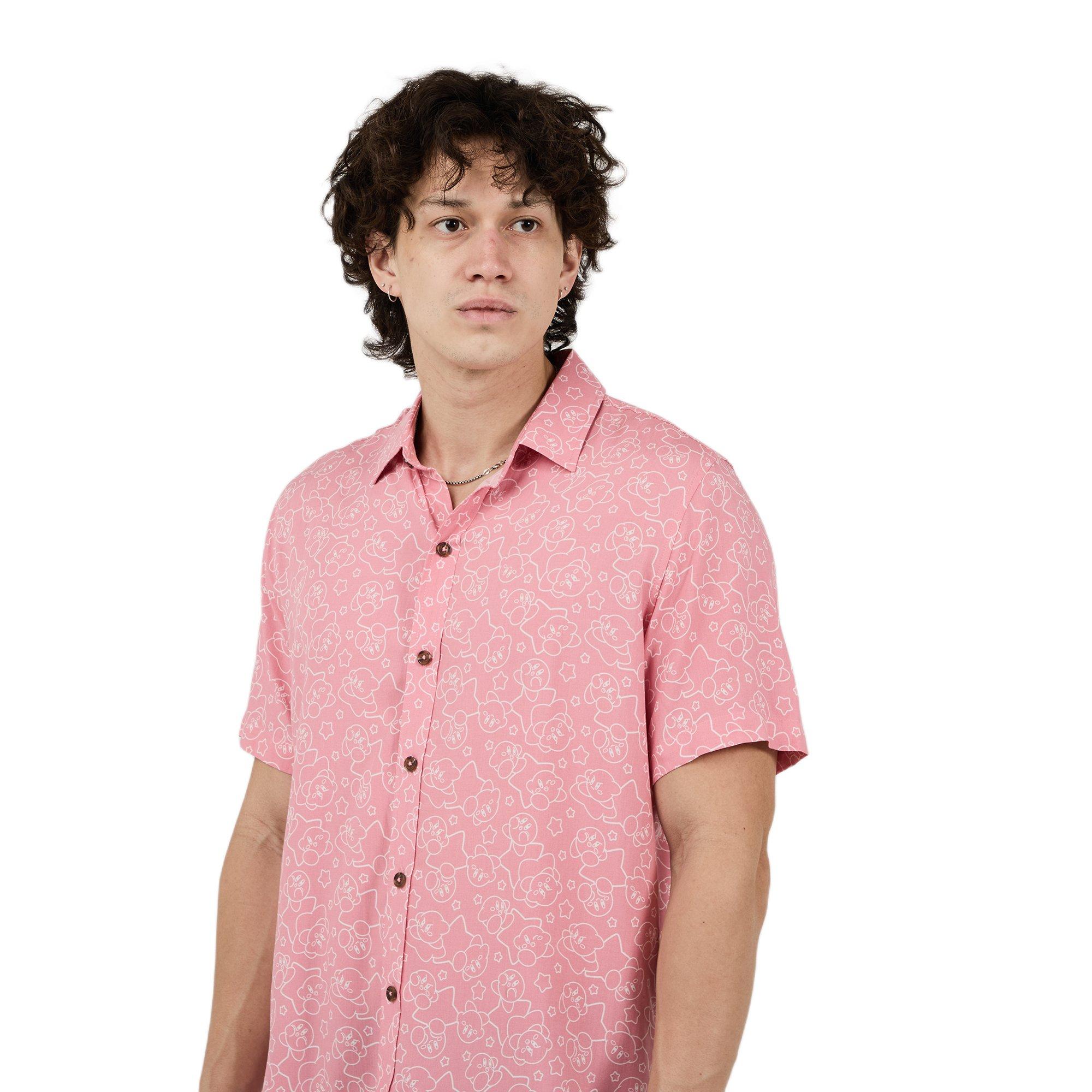 Nintendo Kirby Pink Outline Woven Button-Up Unisex Collared Shirt