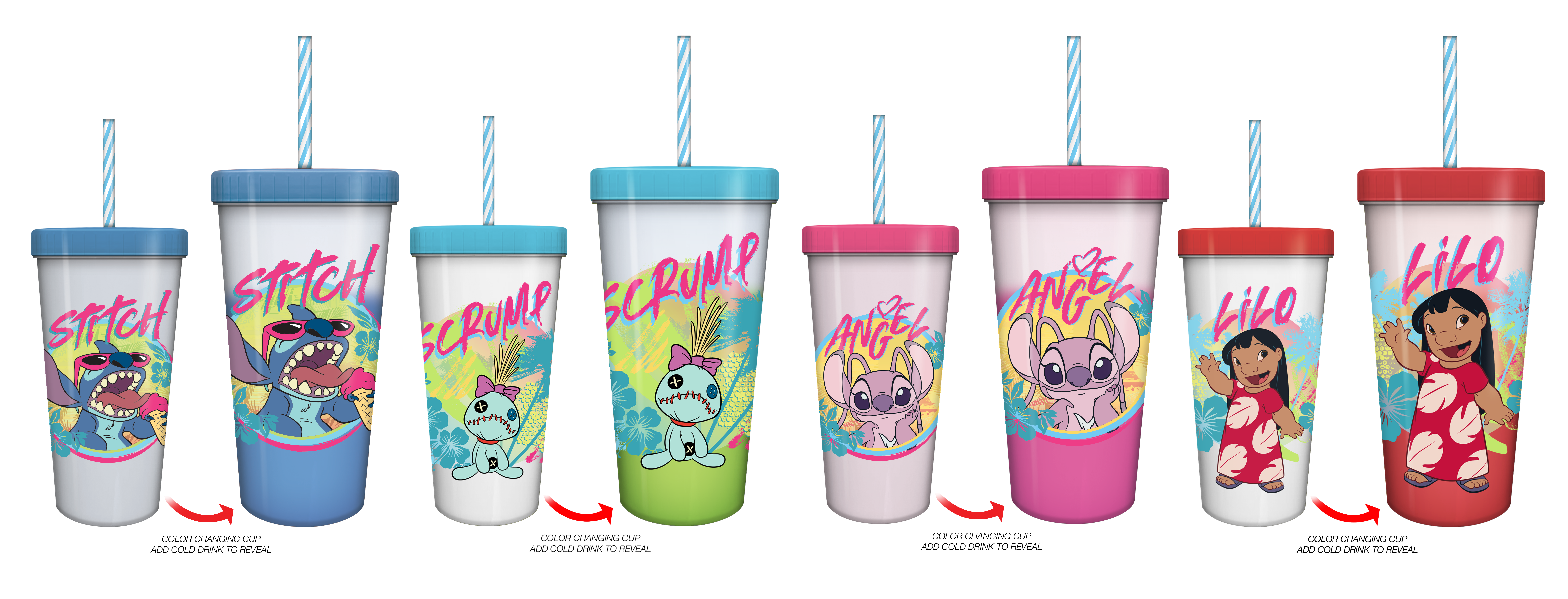 Lilo and Stitch Tropical Character Poses 4 Pack Color Change 24oz Plastic Tumbler