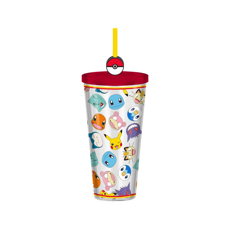 Pokemon Multi-Character Head Toss 24oz Plastic Cold Cup with Lid and Topper Straw