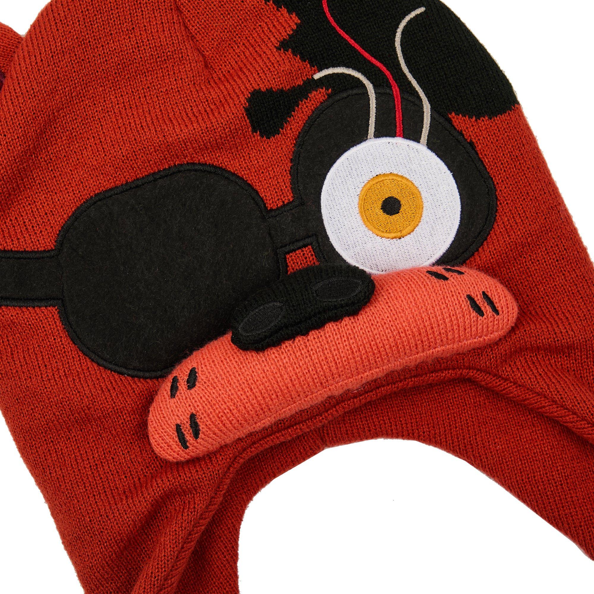 Nightmare Foxy Novelty Bigface Polyfilled Snoot with Flat Embroidery and Cut Fleece Novelty Ears On Red Acrylic Knit LapLander with Red Tassels- OSFA