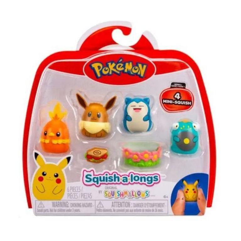 Squishmallows Squish-a-Longs Pokemon Mini Figure 4-Pack (Eevee, Snorlax, Bellibolt, Torchic)