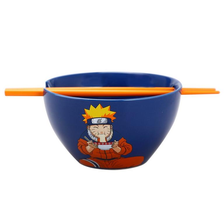 Naruto Character Pose on Blue Ceramic Ramen Bowl with Chopsticks