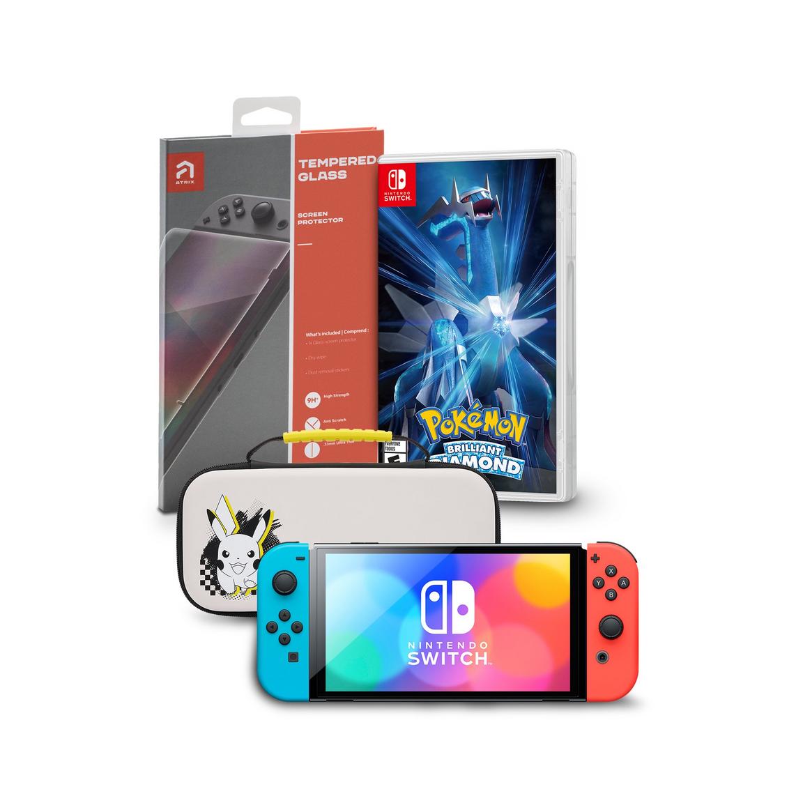 Nintendo Switch OLED Model Console with Neon Red & Neon Blue Joy-Con + Pokemon Brilliant Diamond Game for Nintendo Switch + Atrix Tempered Glass for Nintendo Switch OLED + PowerA Pokemon Pikachu Checks Protection Case for Nintendo Switch