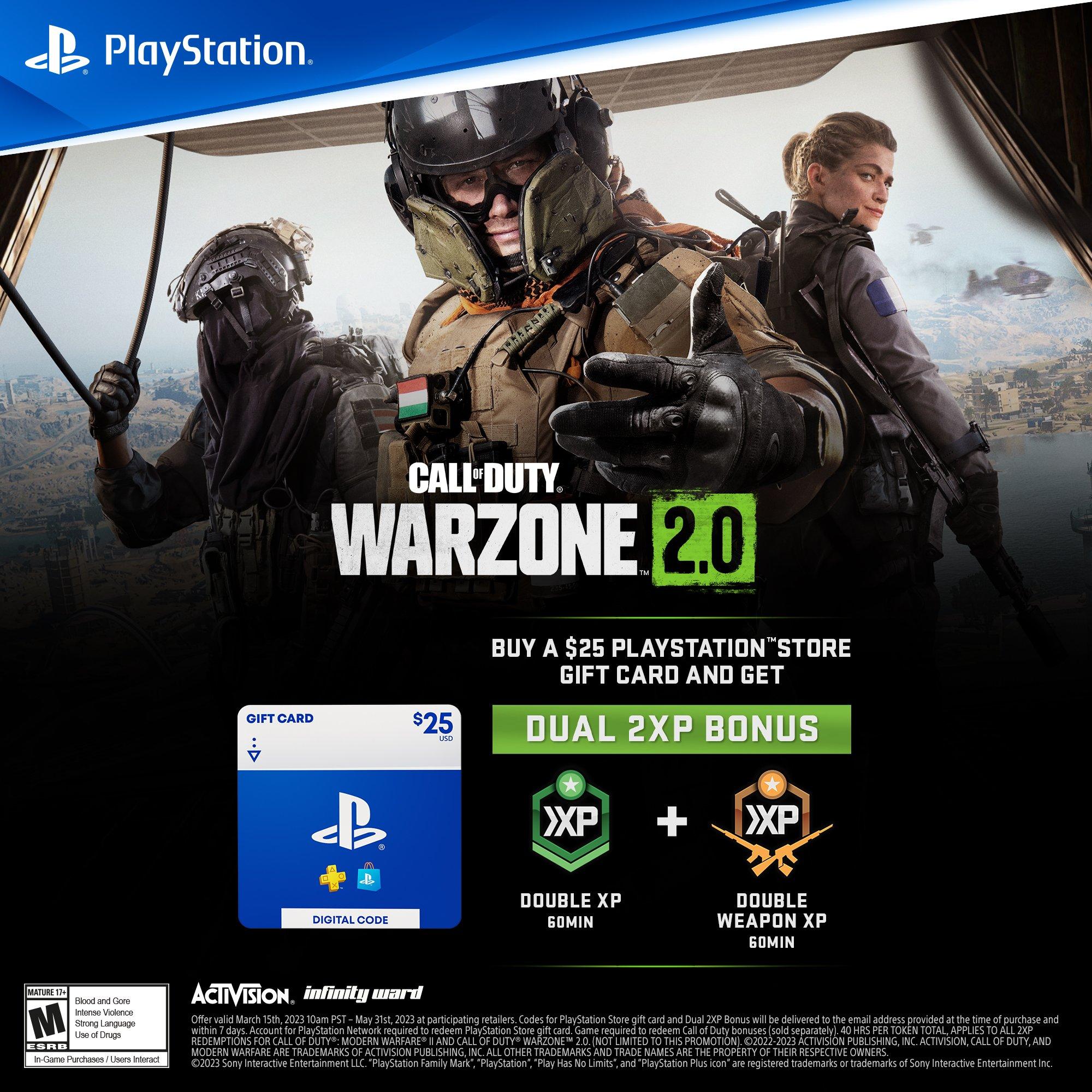 Sony Playstation Store $25 Gift Card W/ Call Of Duty Warzone 2.0 Dual 2Xp  Bonus Bundle | Gamestop